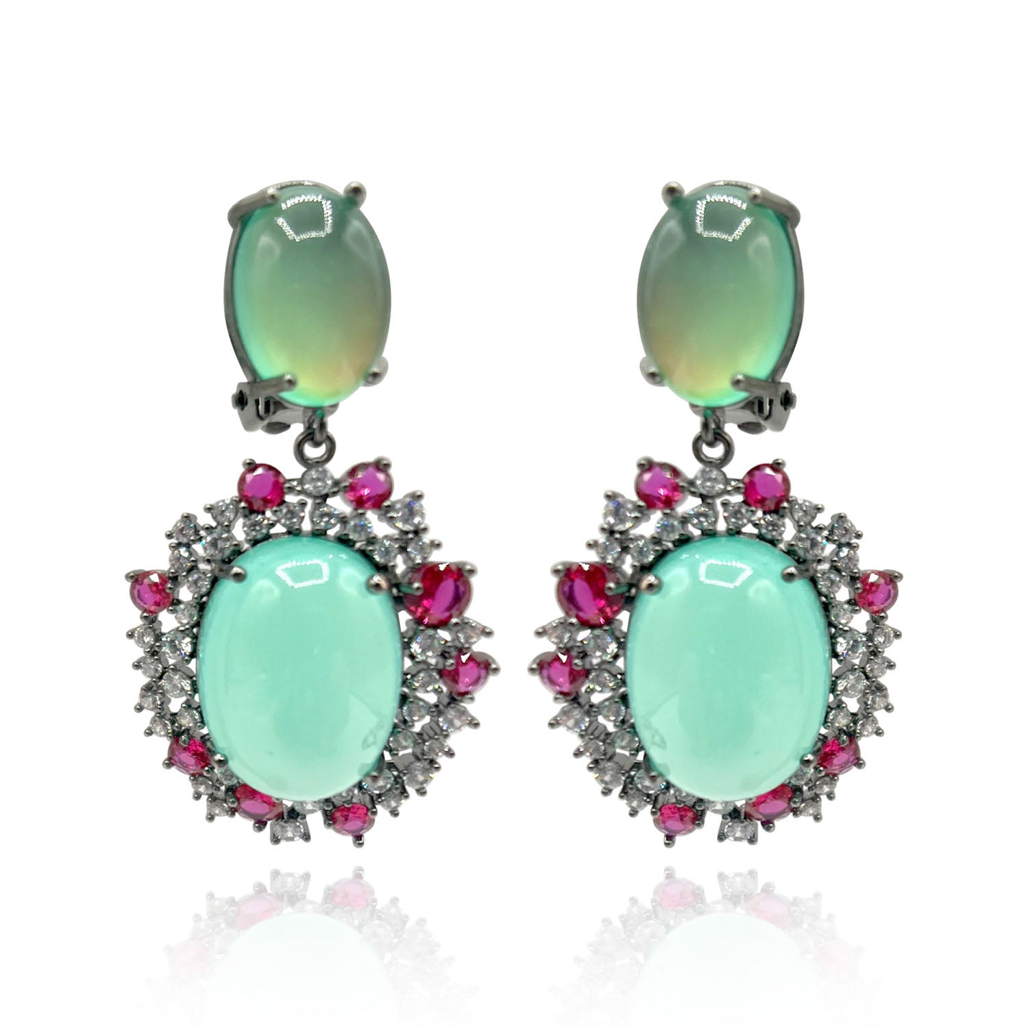 Amedea Black Rhodium Earrings With Green Opal Glass, Pink Ruby, And Clear Crystal