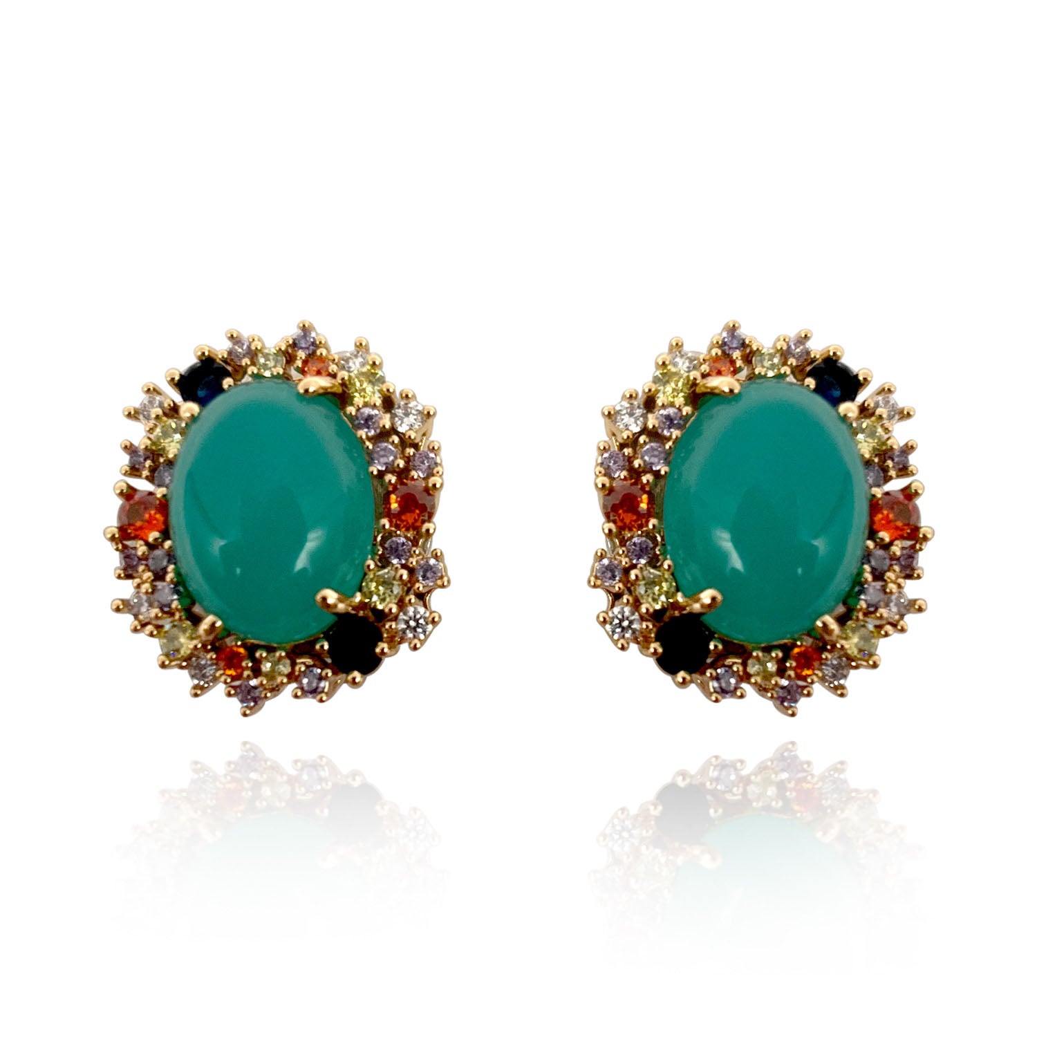 Assunta Clip On Earrings With Green Jade Glass And Multi Color Crystal