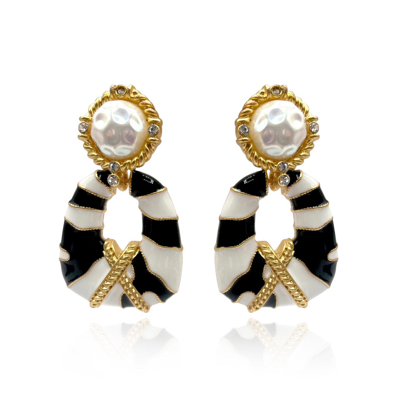 Aria Clip On Doorknocker Earring With Pearl, Enamel, Gold, And Crystal Accents