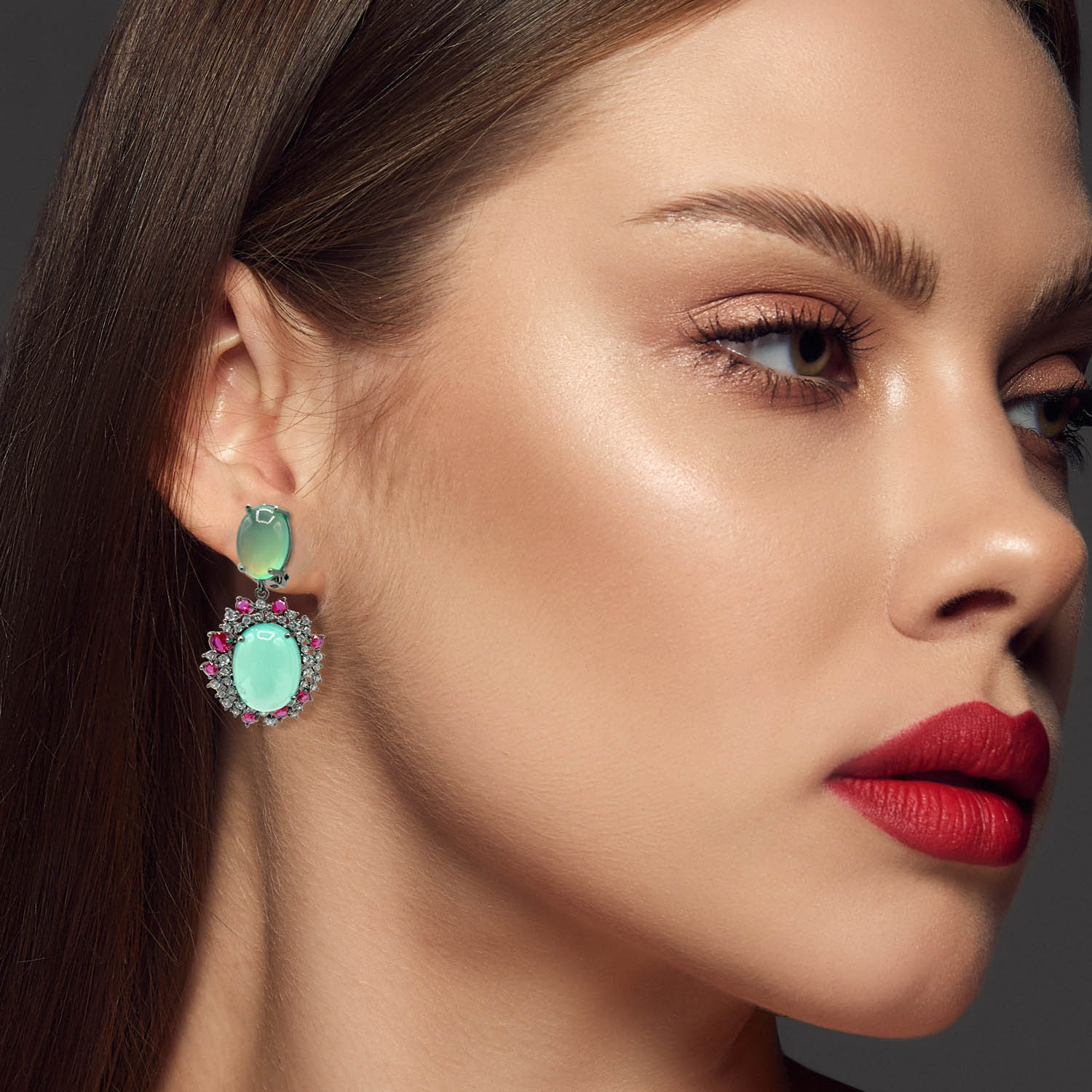 Amedea Black Rhodium Earrings With Green Opal Glass, Pink Ruby, And Clear Crystal
