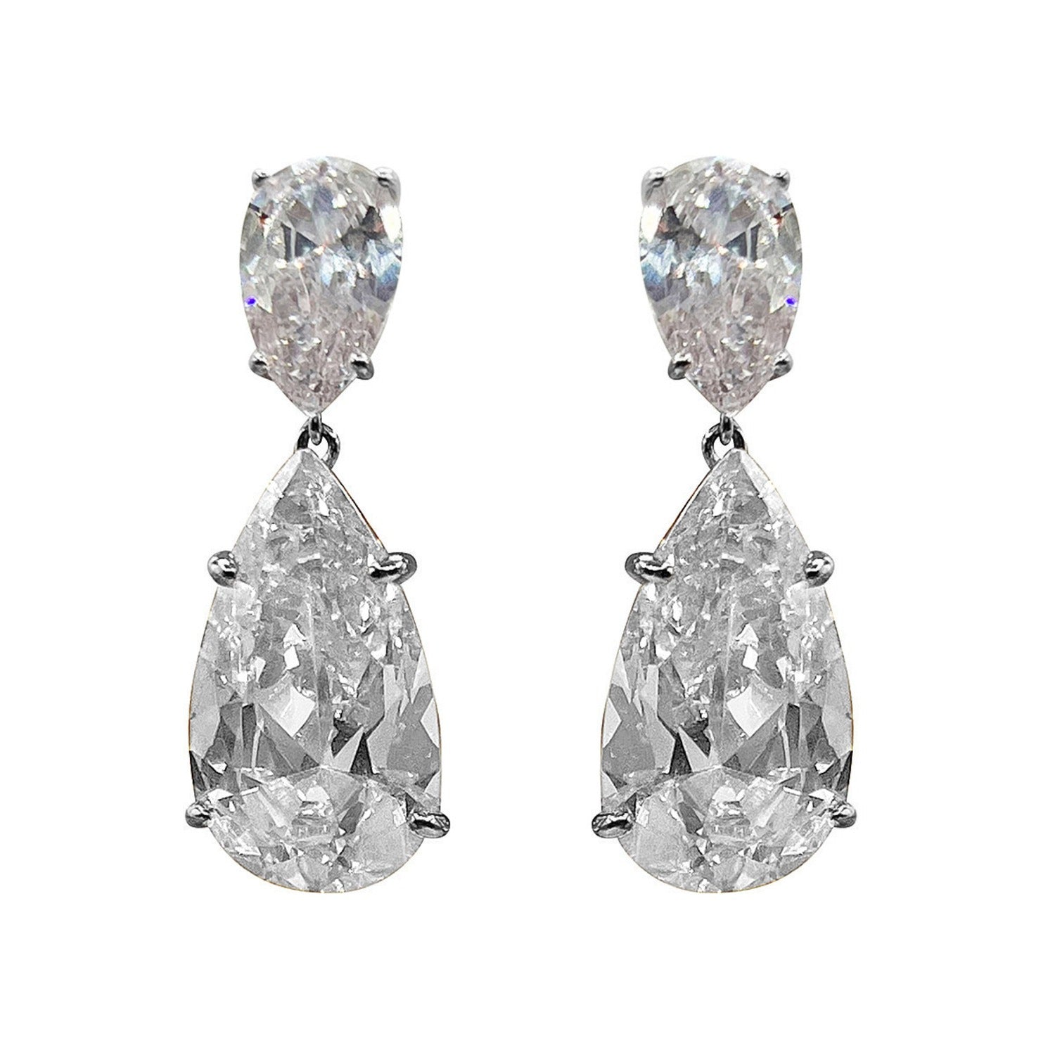 Celestina Large Pear Double Cubic Zirconai And Sterling Silver Drop Clip On Earrings