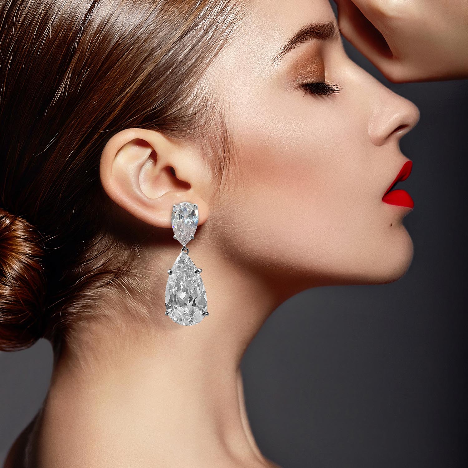 Celestina Large Pear Double Cubic Zirconai And Sterling Silver Drop Clip On Earrings