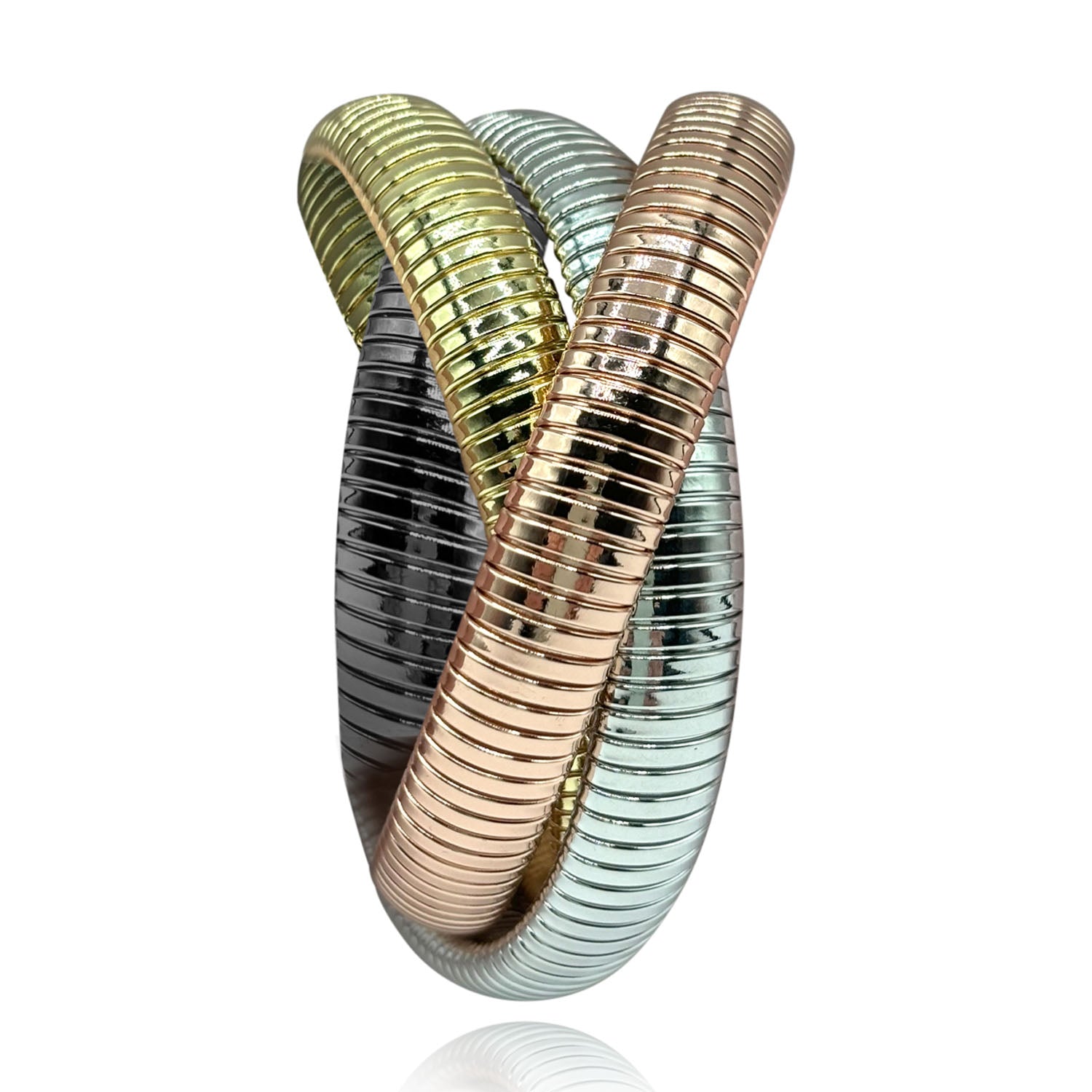 Elisabeth Triple Strand Cobra Bracelet: Rose Gold, Gold, And Silver Plated