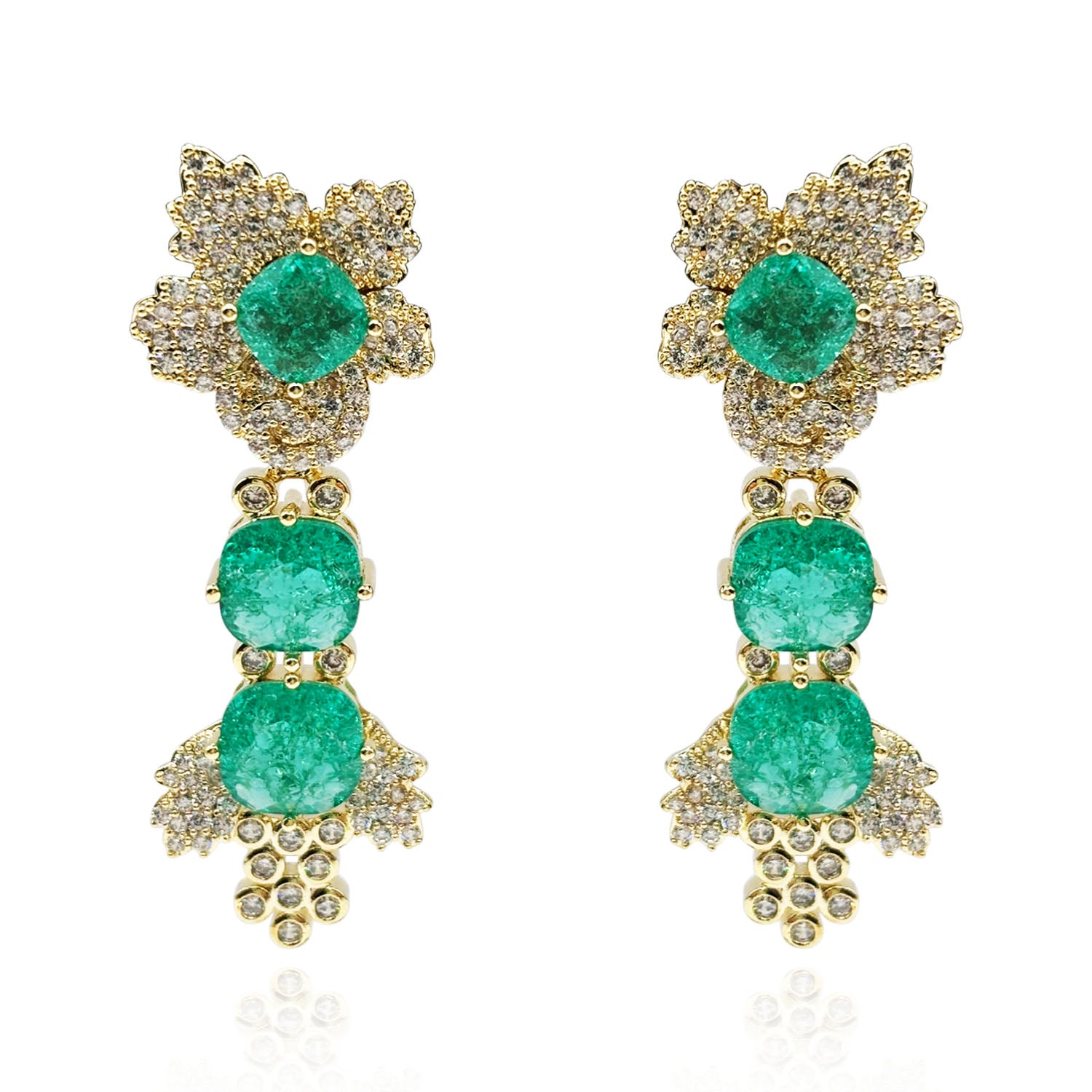 Calogera Gold Plated Clip On Drop Earrings With Emerald And Crystal