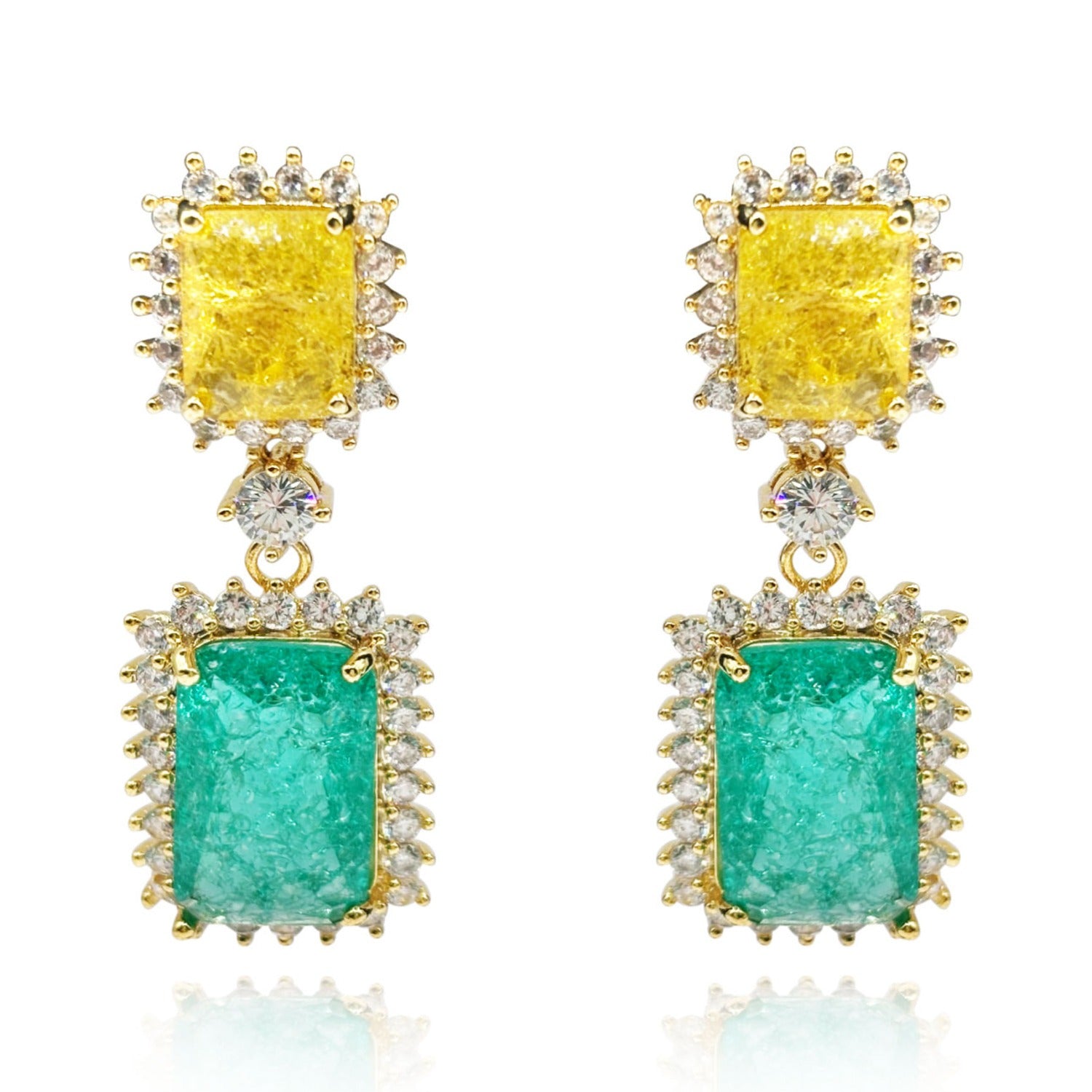 Ally Canary And Emerald Crystal Clip On Earrings In Gold Plated Brass