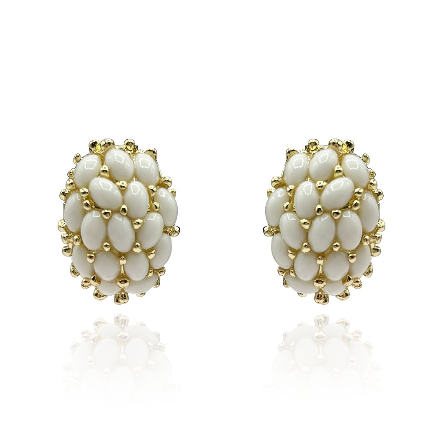 Aruna Classic Multi Stone White Glass Clip On Earrings In Gold-Plated Brass