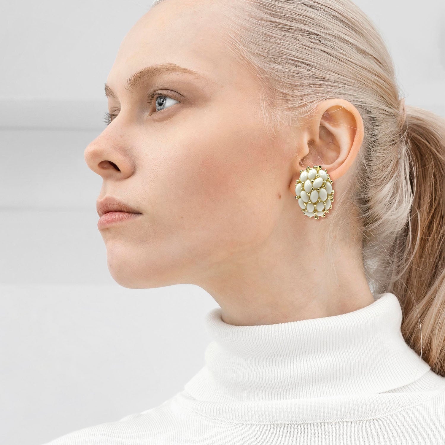 Aruna Classic Multi Stone White Glass Clip On Earrings In Gold-Plated Brass