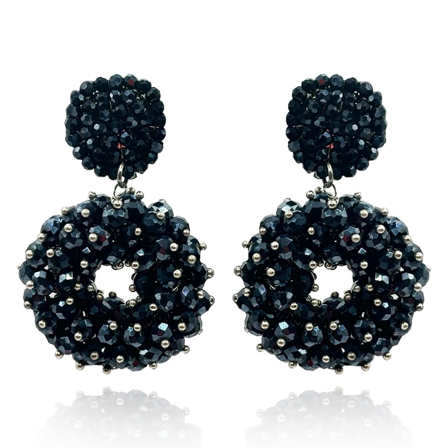 Christine Black Glass Faceted Bead Clip On Drop Earrings