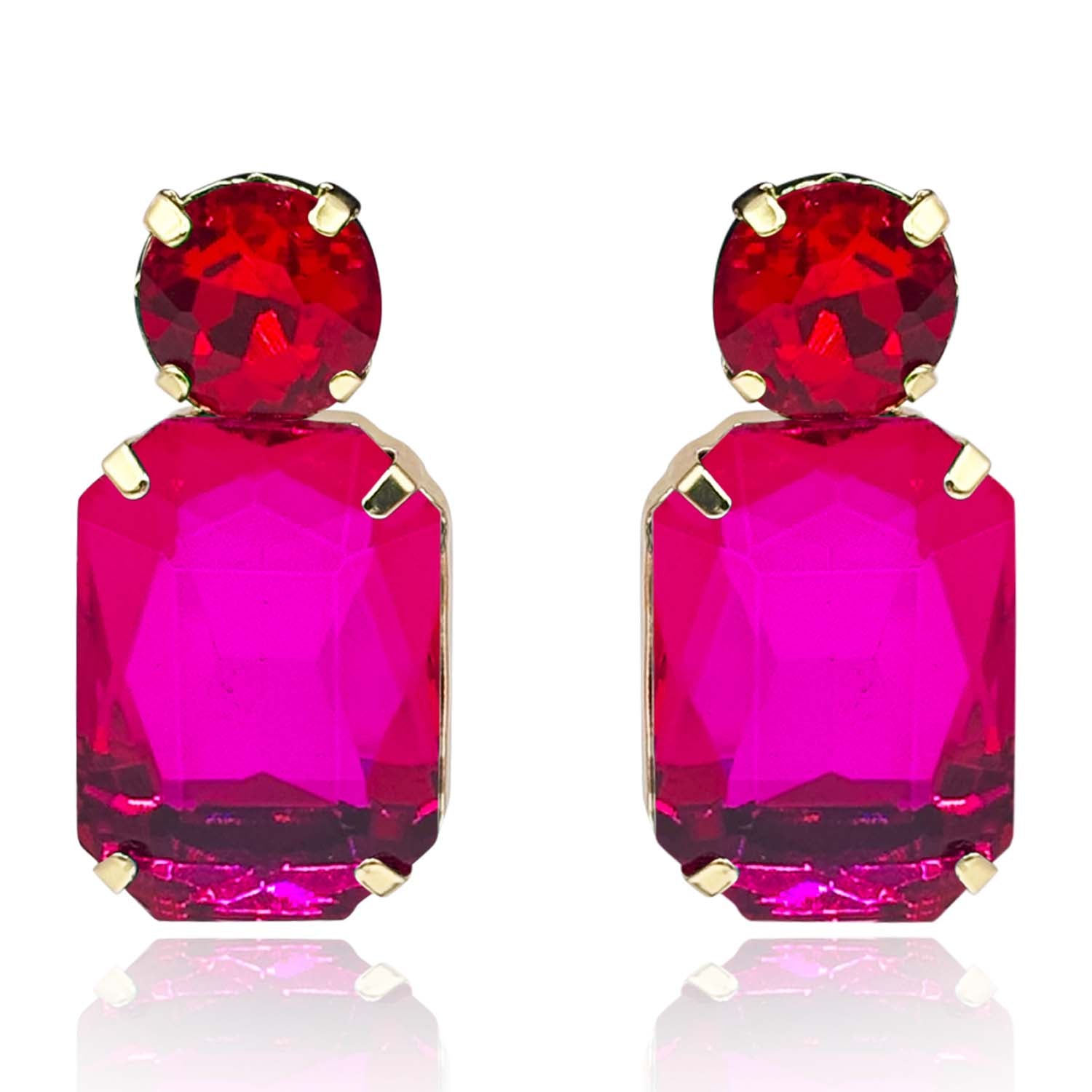 Adelle Fuschia Crystal Octagon And Ruby Round Stone Drop Earrings
