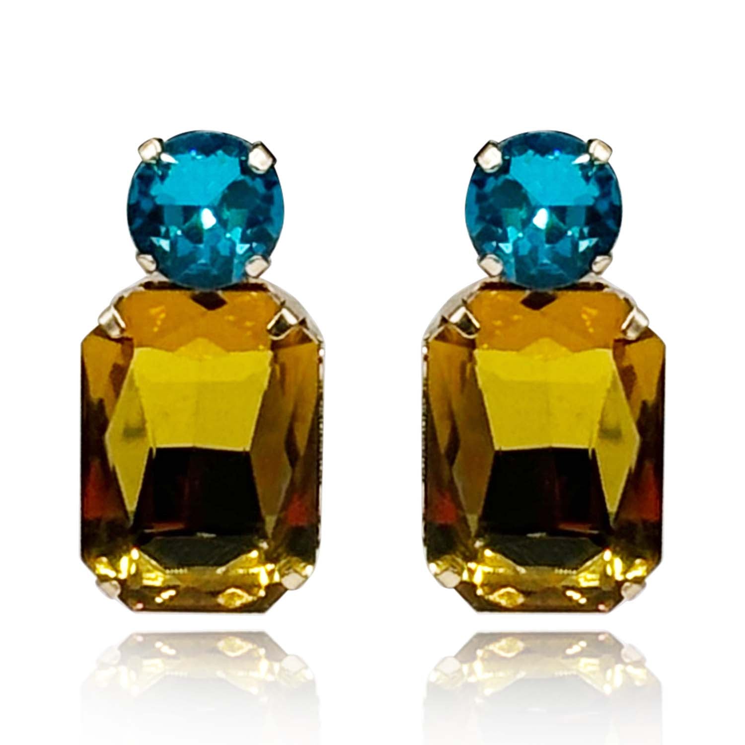 Adelle Topaz Crystal Octagon And Aqua Round Stone Drop Earrings