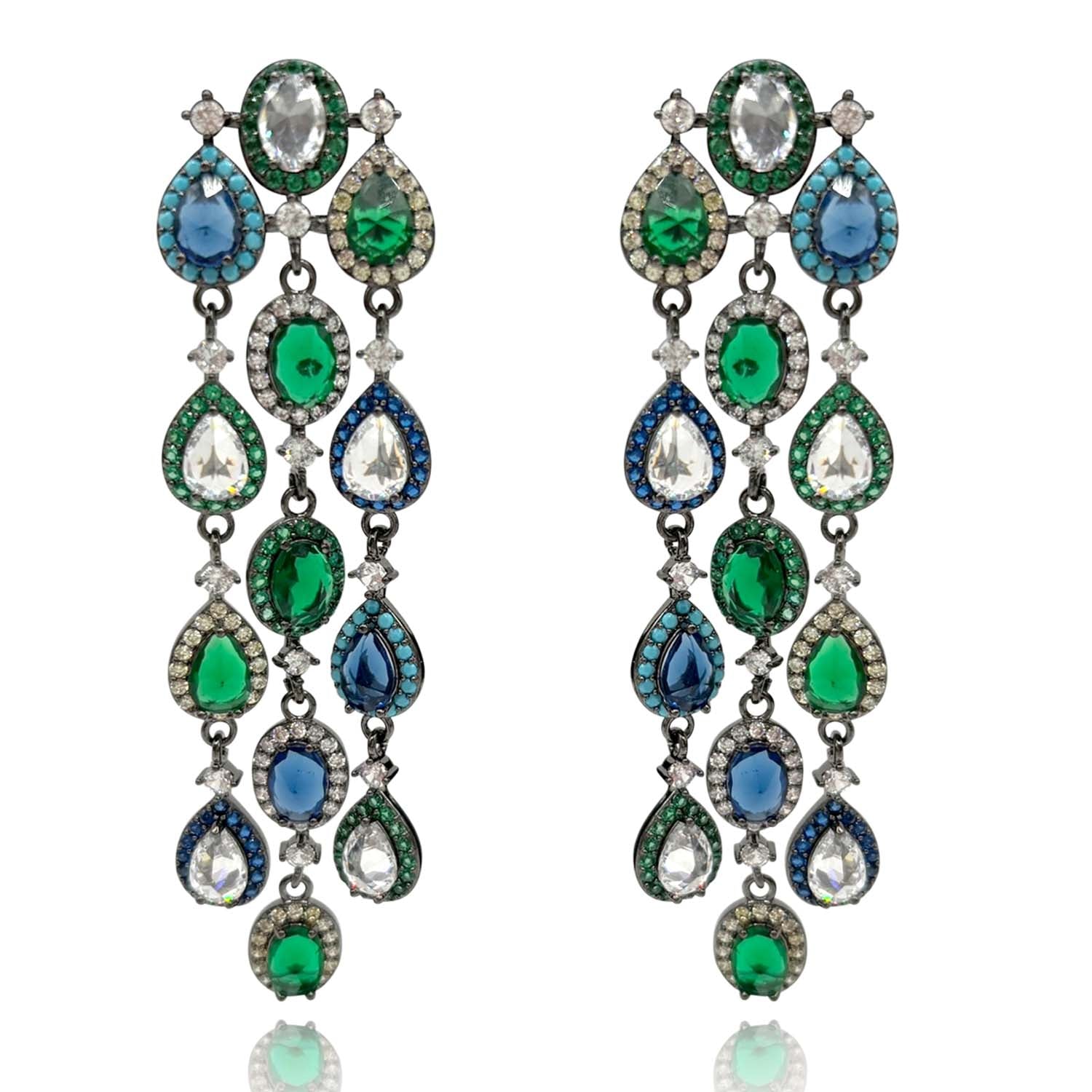 Fabiola Multi Color Crystal Gemstone Clip On Earrings Set In Blackened Rhodium