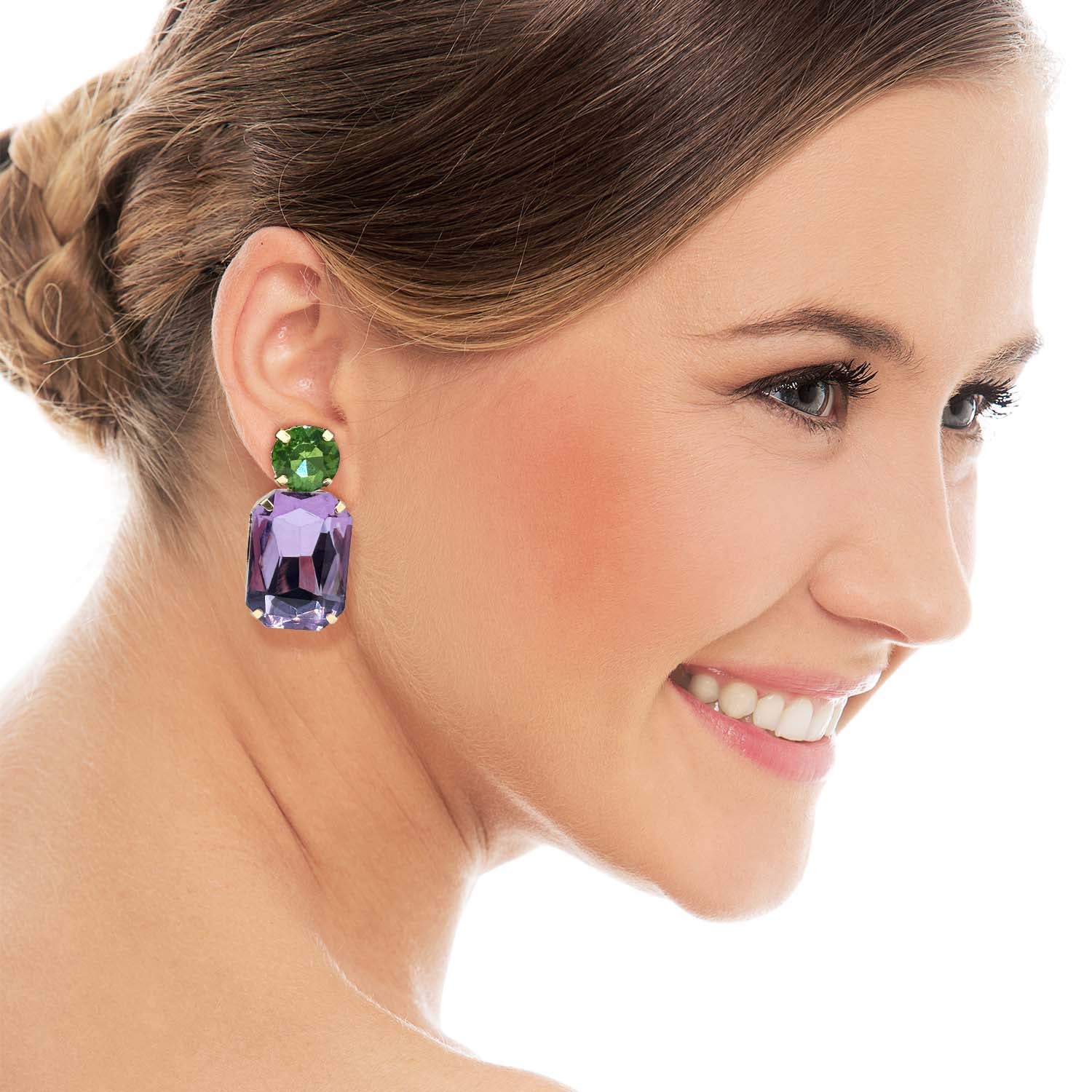 Adelle Light Amethyst Crystal Octagon And Peridot Round Stone Drop Earrings