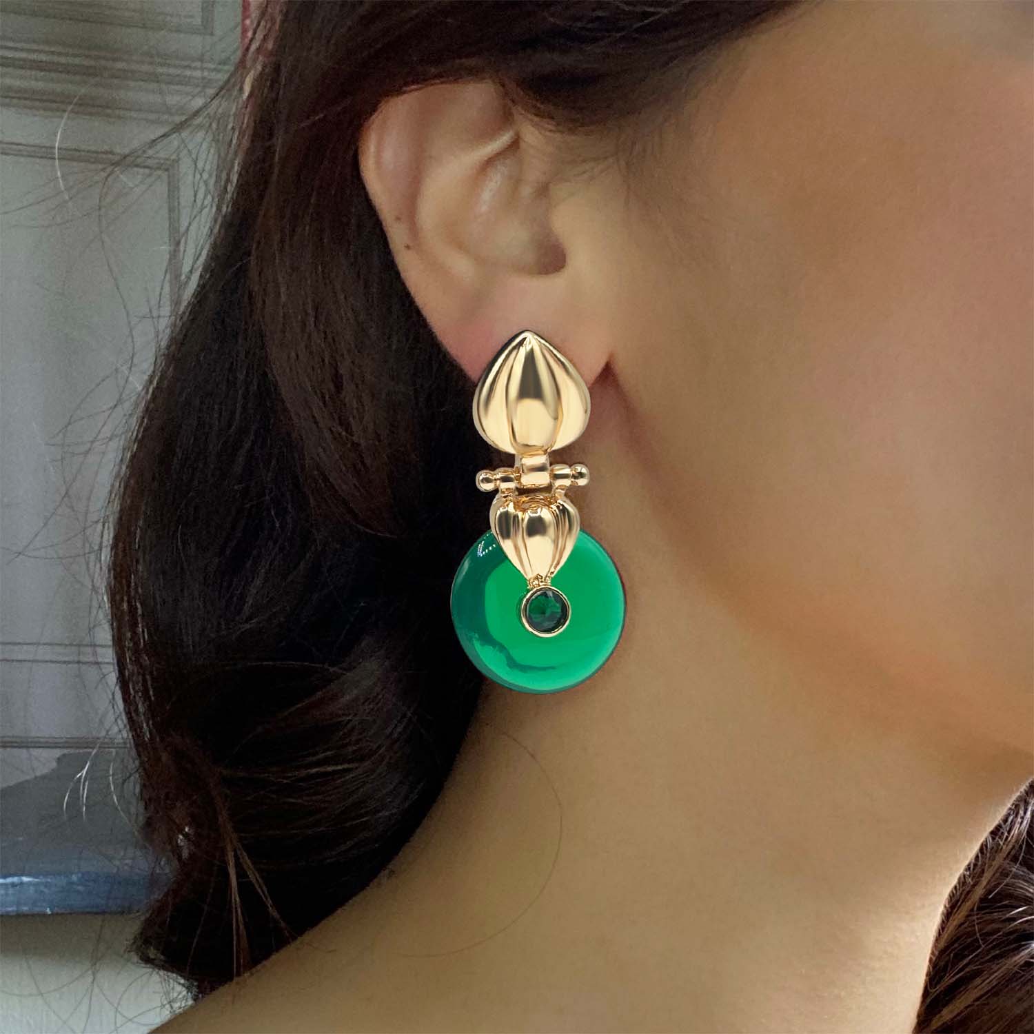 Annie Gold Drop Earring With Emerald Resin Drop Earrings