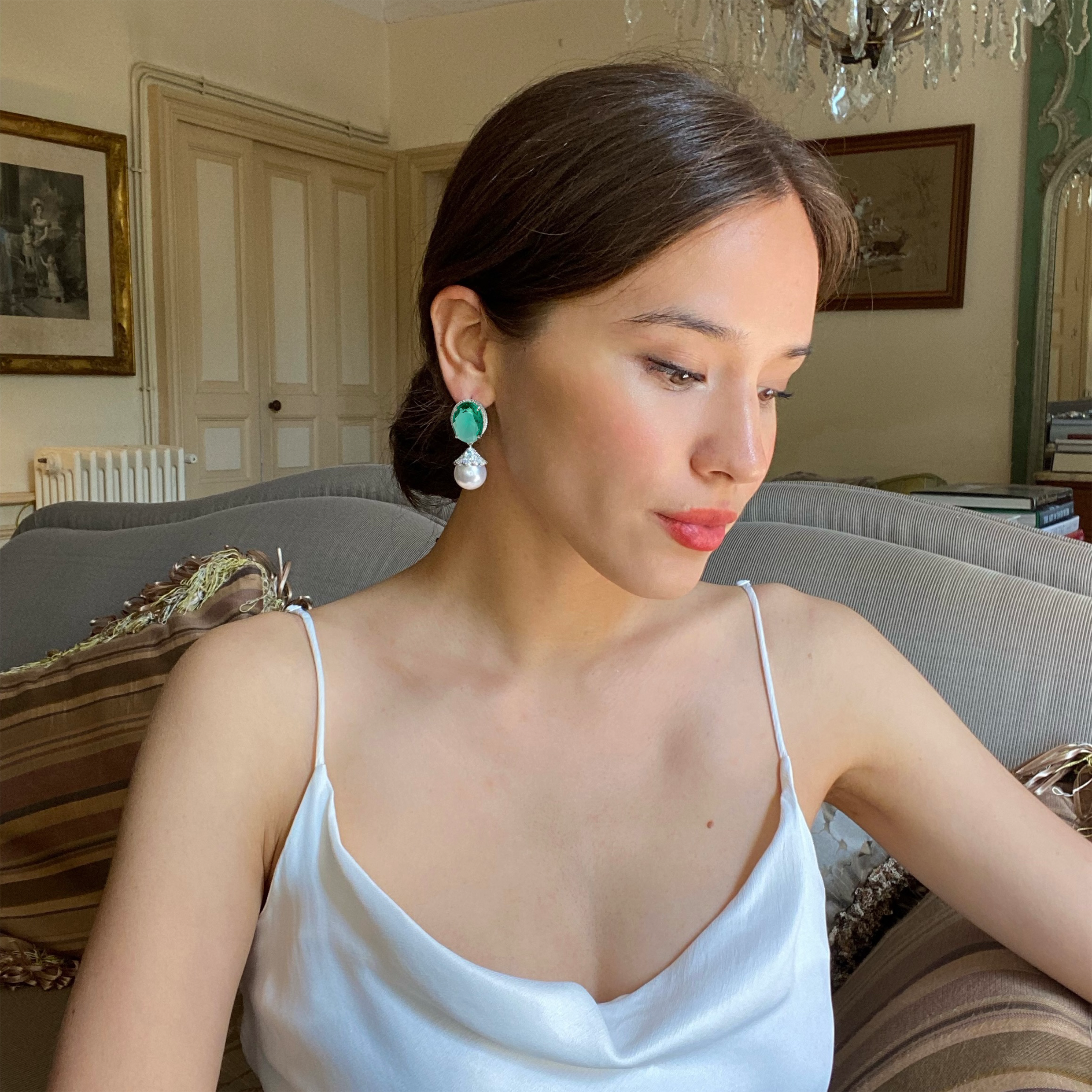 Giorgia Oval Emerald Cubic Zirconium Earrings With Glass Pearl Drop Earrings