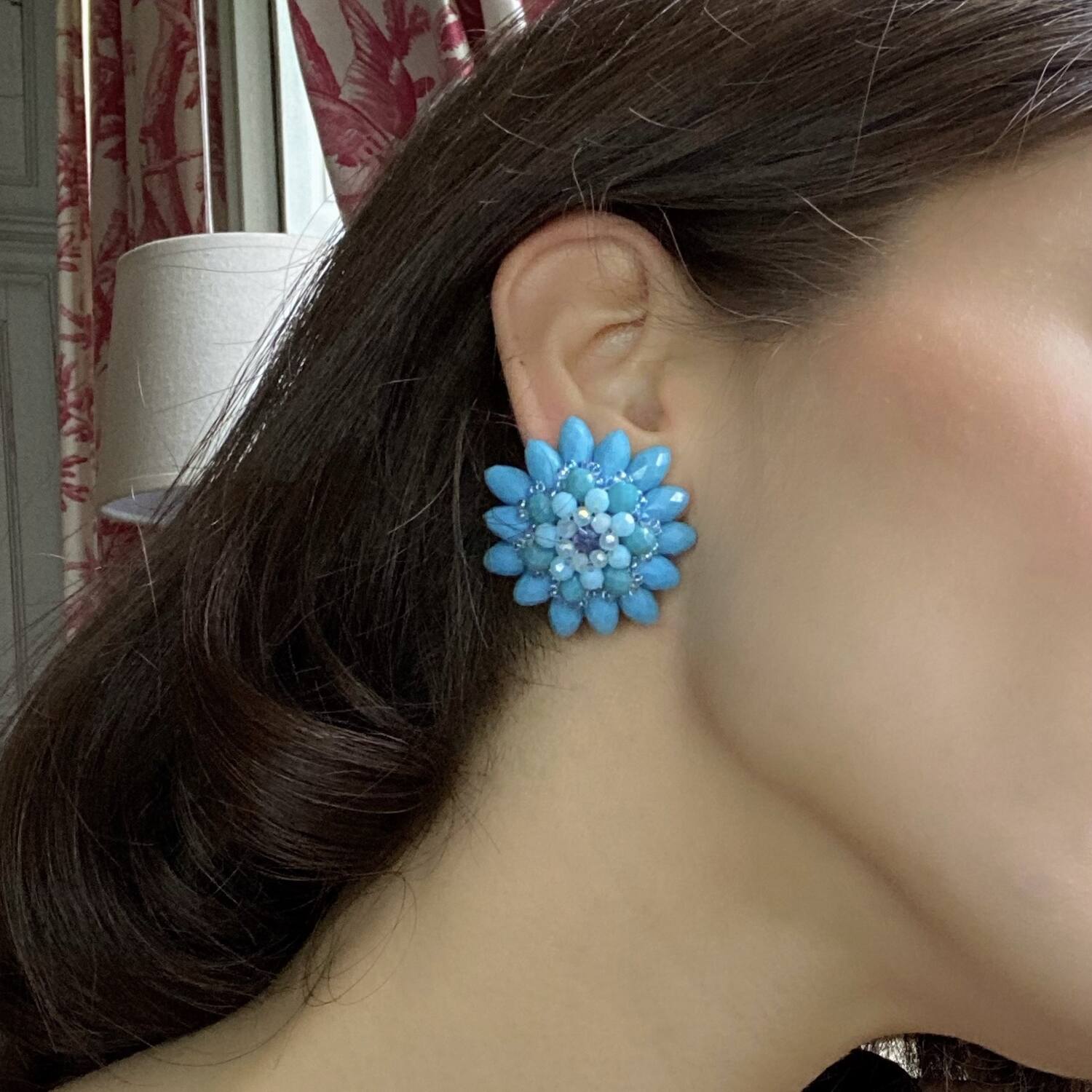 Jeannine Turquoise Faceted Glass Bead Clip On Earring