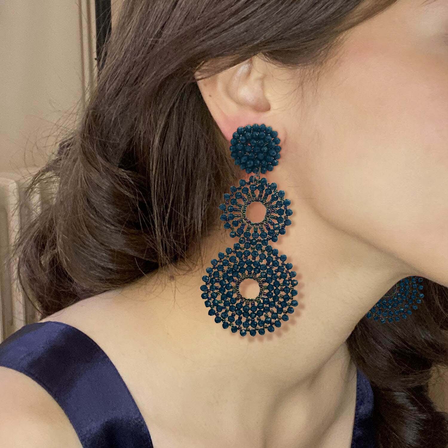 Lizzie Navy Glass Clip On Boho Drop Earrings