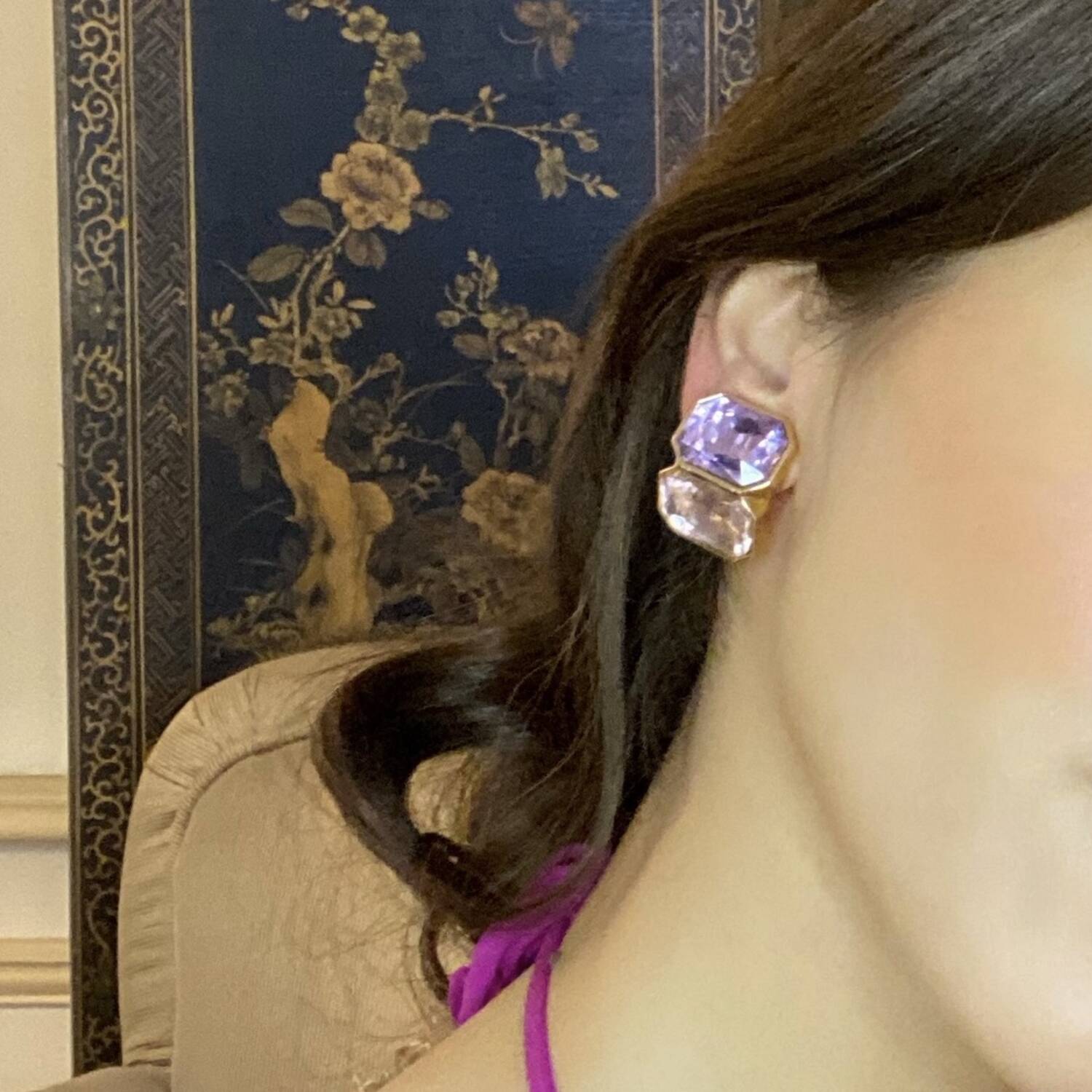 Clara Light Amethyst And Light Rose Double Stone Clip Earrings