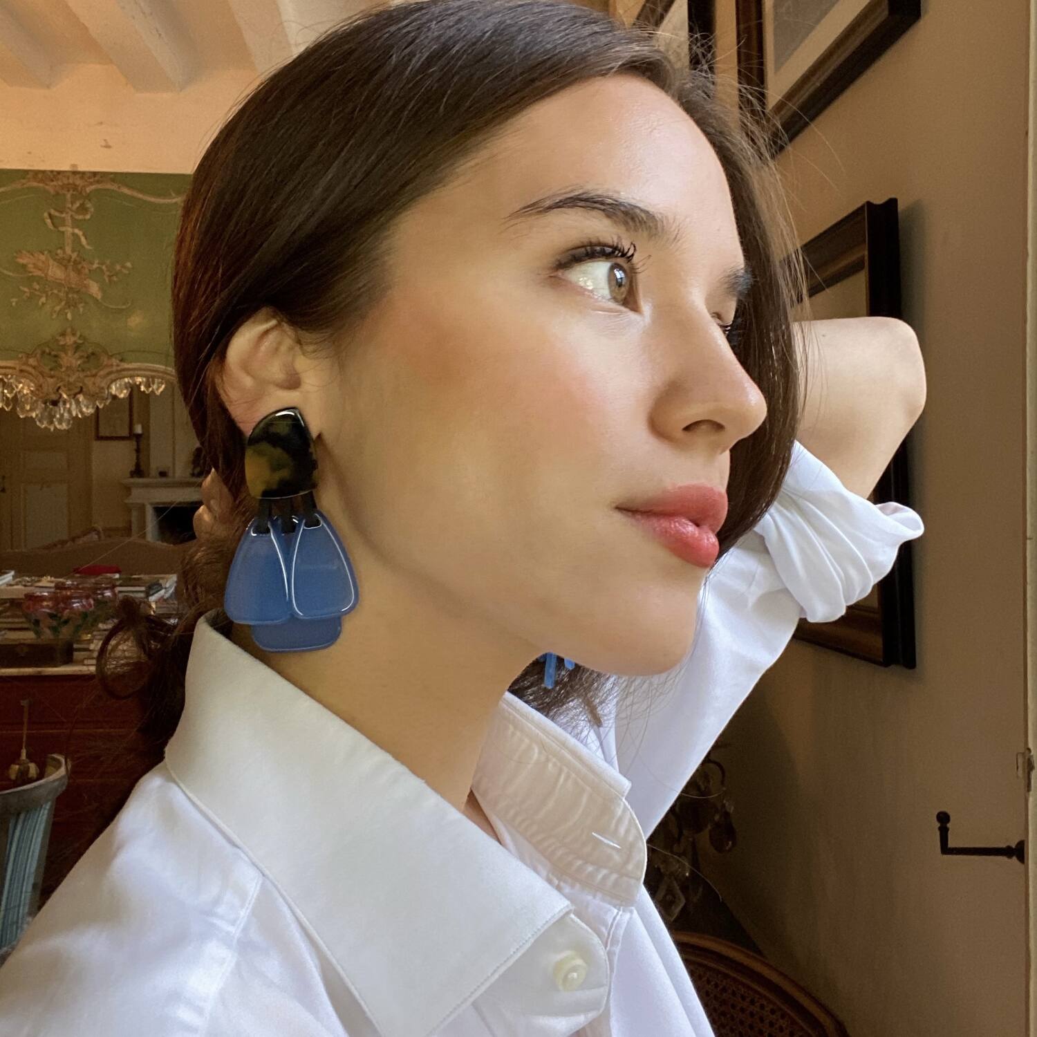 Patrizia Tortoise Resin Top Earrings With Light Blue Resin Drops