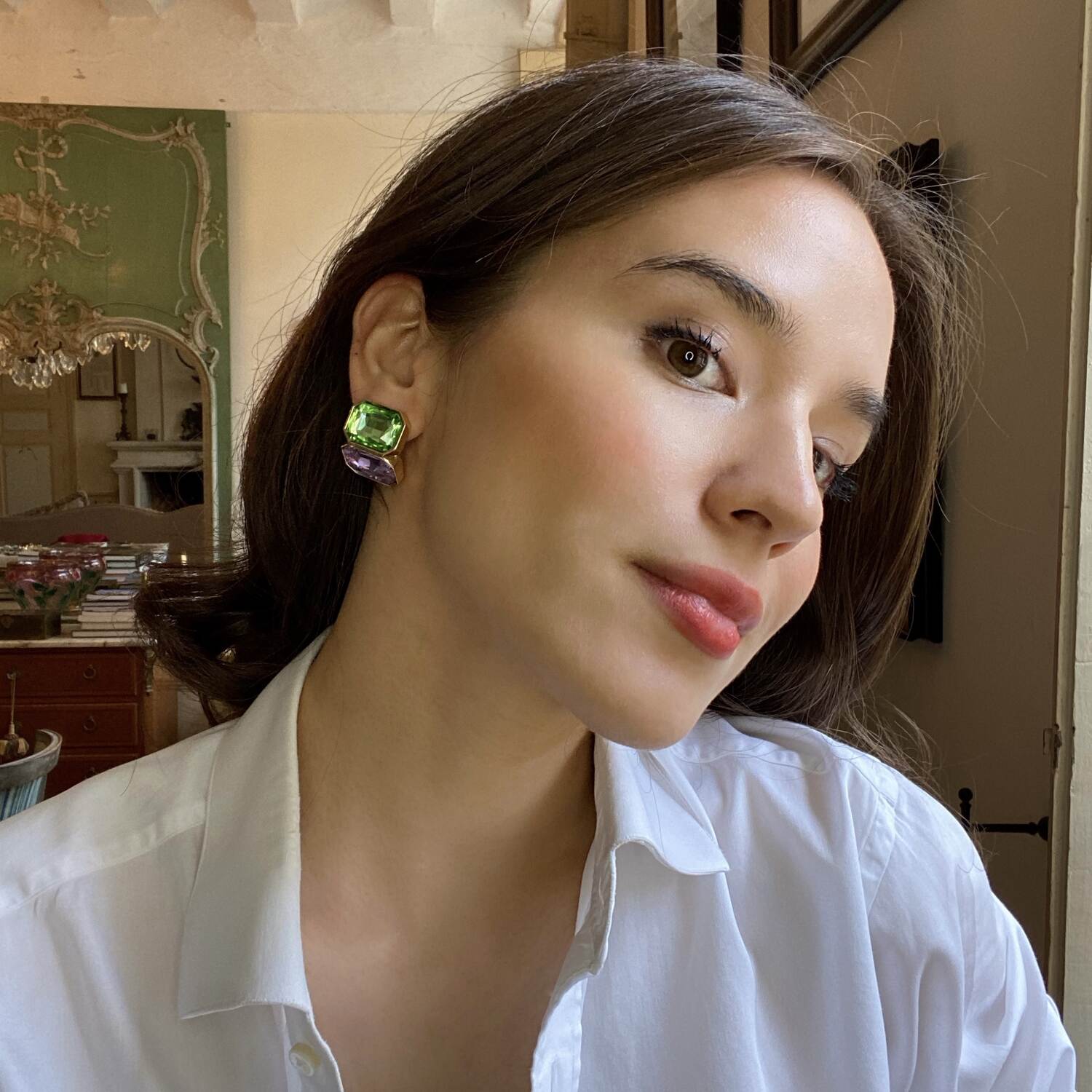 Clara Peridot And Light Amethyst Double Stone Clip Earrings