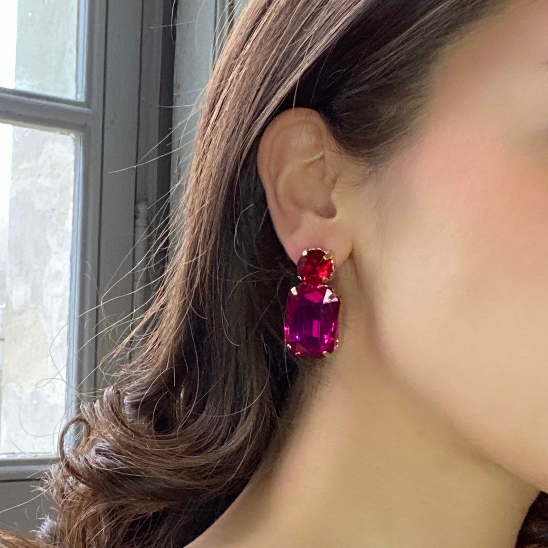 Adelle Fuschia Crystal Octagon And Ruby Round Stone Drop Earrings
