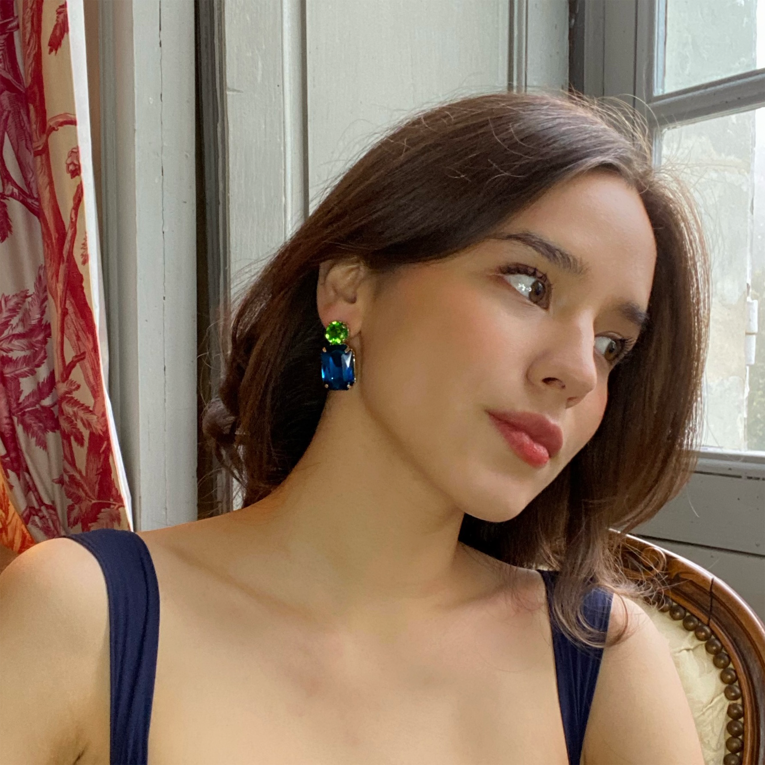Adelle Peacock Blue Crystal Octagon And Green Tourmaline Round Stone Drop Earrings