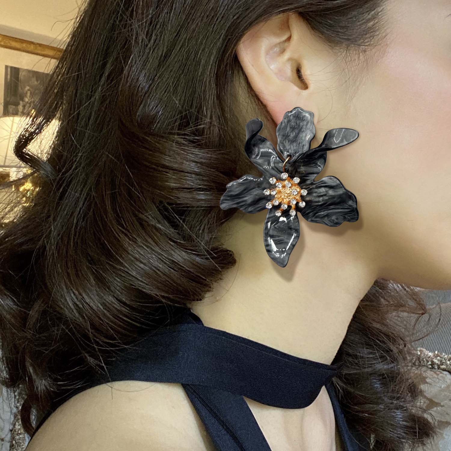 Aurelia Hematite Colored Floral Resin Drop Earrings