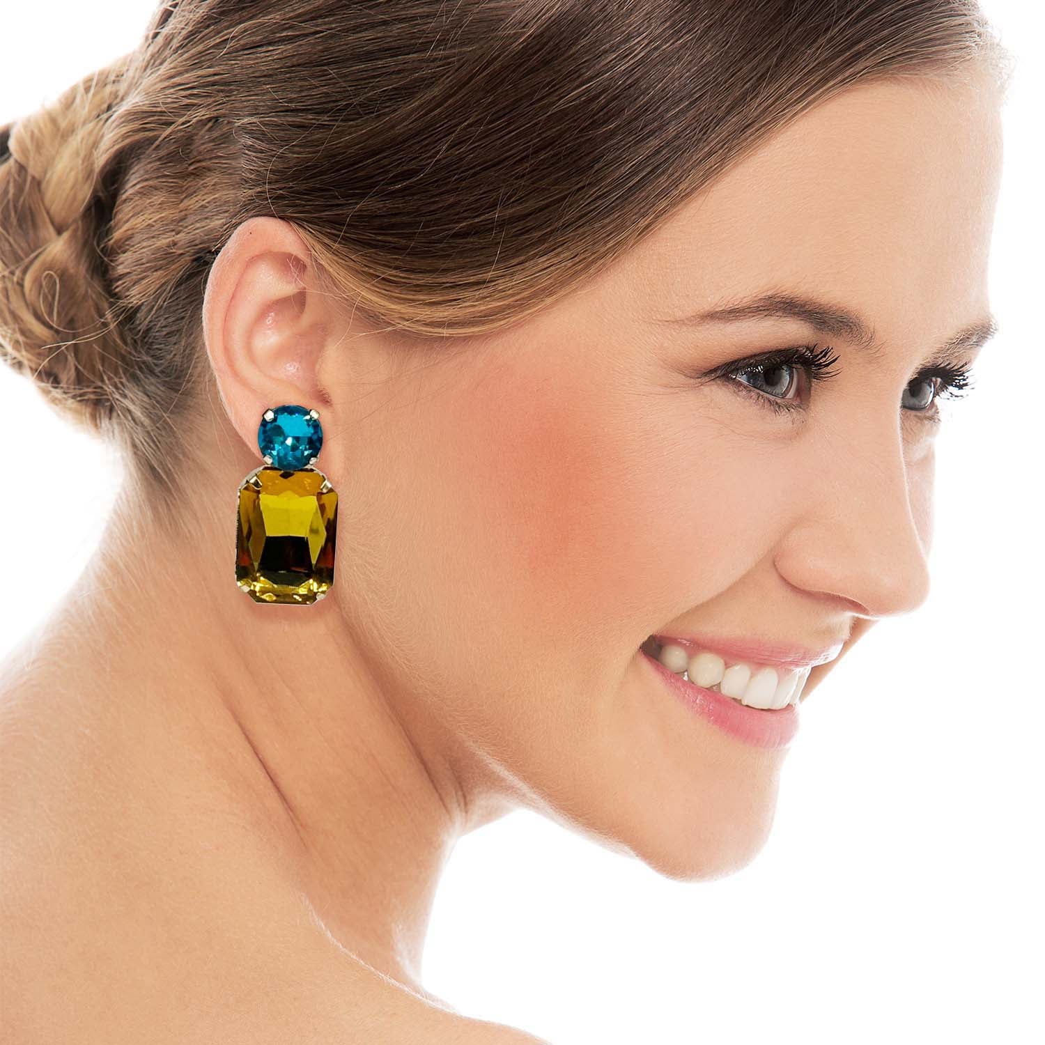 Adelle Topaz Crystal Octagon And Aqua Round Stone Drop Earrings