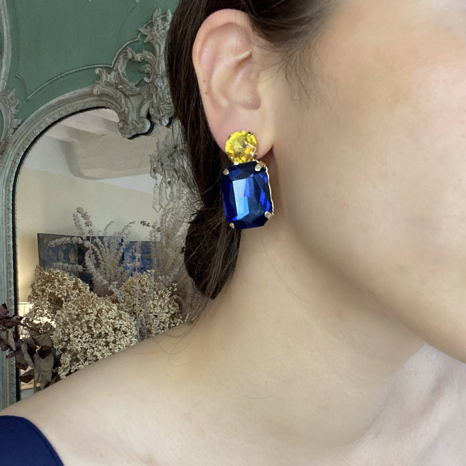 Adelle Montana Sapphire Crystal Octagon And Topaz Round Stone Drop Earrings