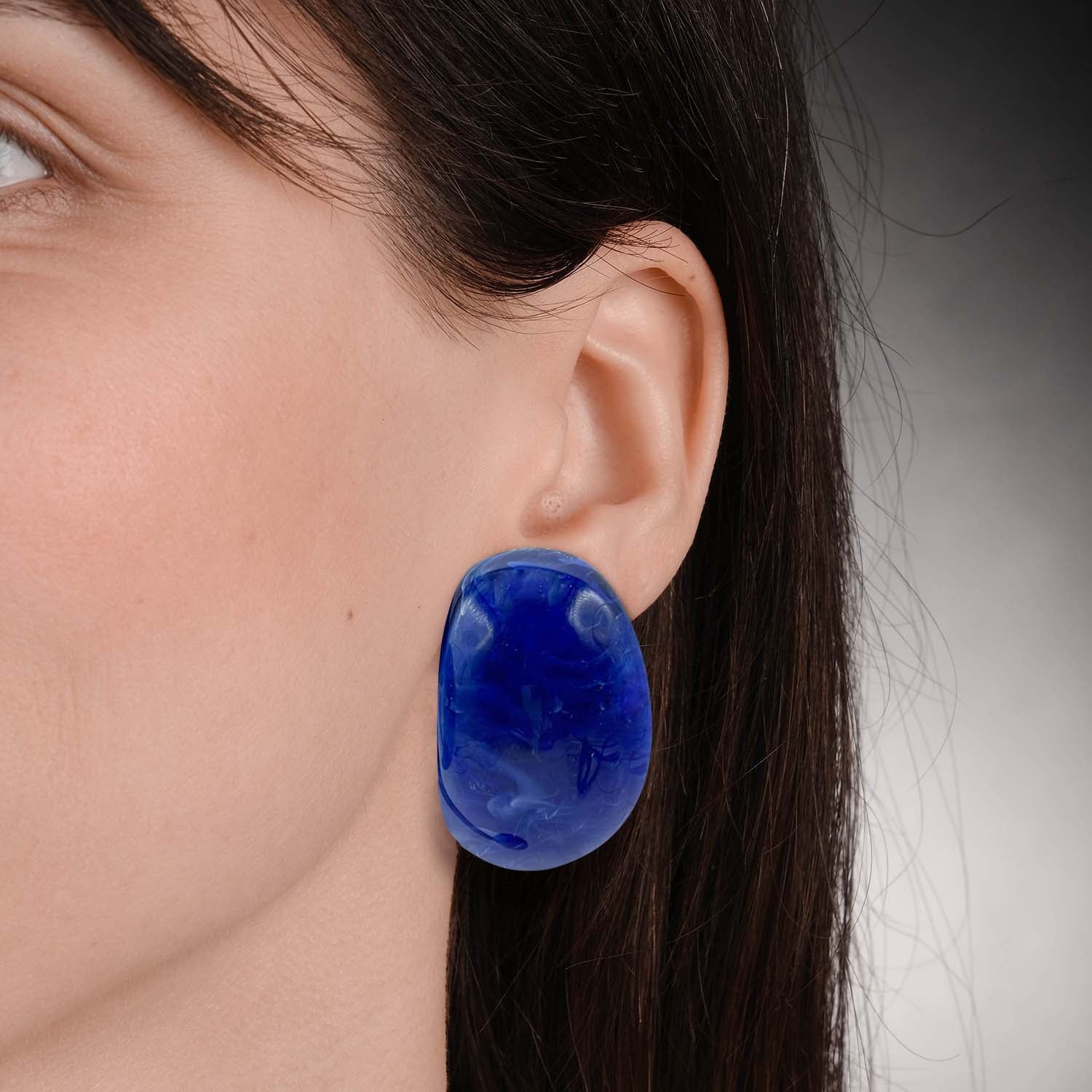 Merrie Navy Marbled Resin Semi Hoop Clip On Earrings