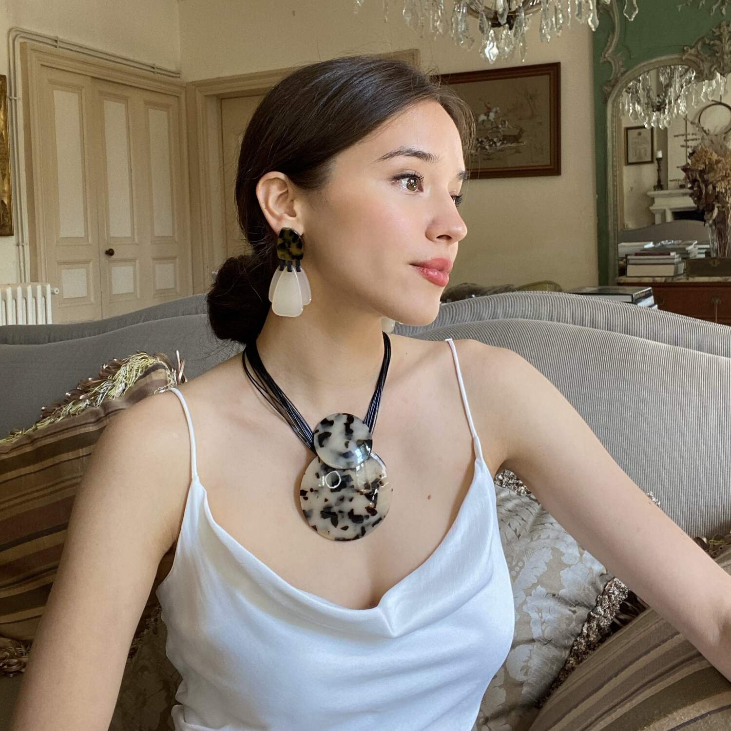 Patrizia Tortoise Resin Top Earrings With Mother Of Pearl Resin Drops