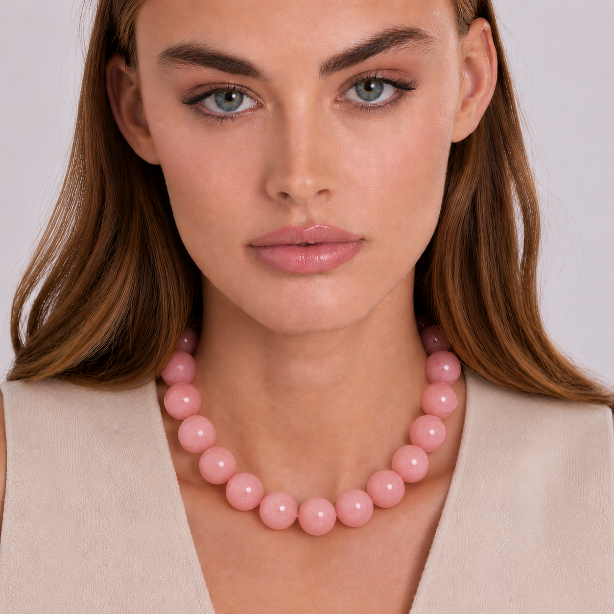 Abigail 14Mm Rose Quartz Knotted Semi Precious Bead Necklace