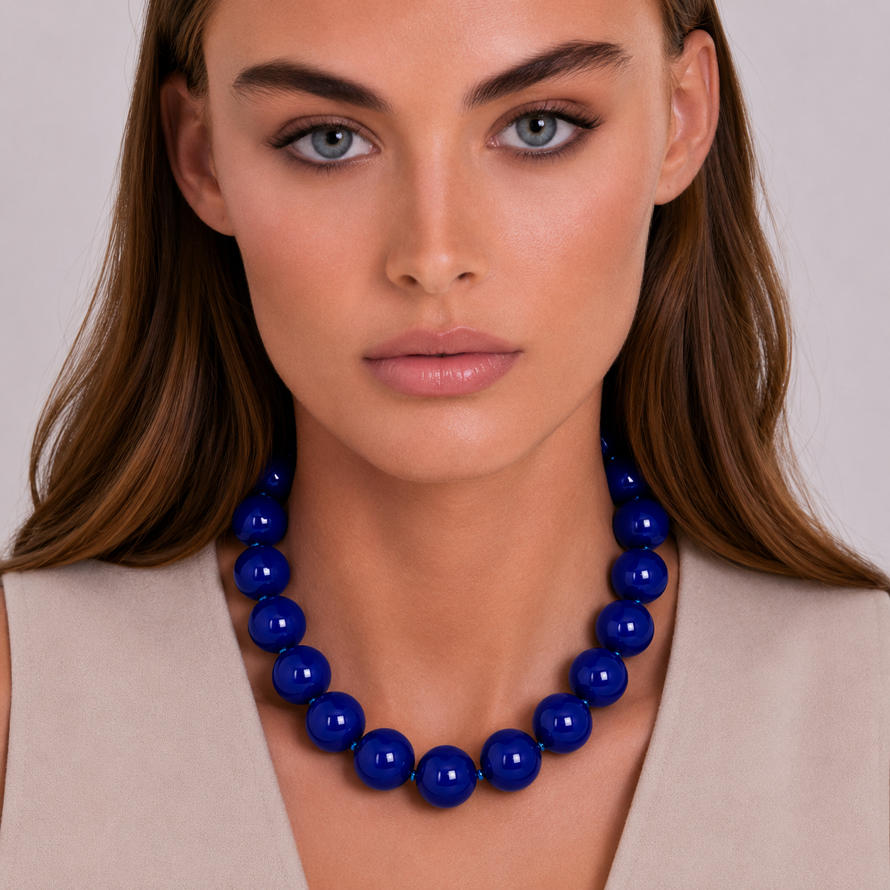 Abigail 14Mm Blue Jasper Knotted Semi Precious Bead Necklace