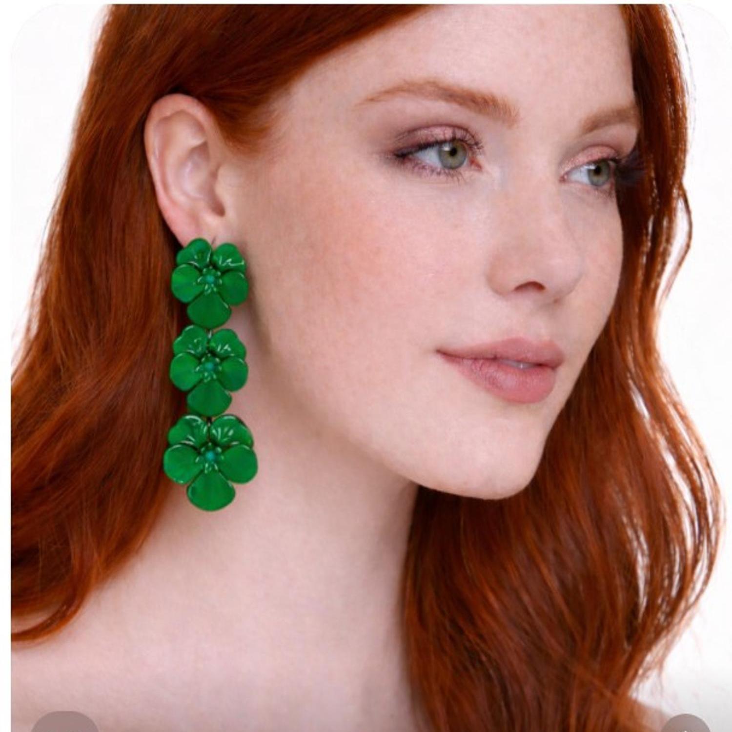 Meadow Green Triple Drop Floral Drop Earrings