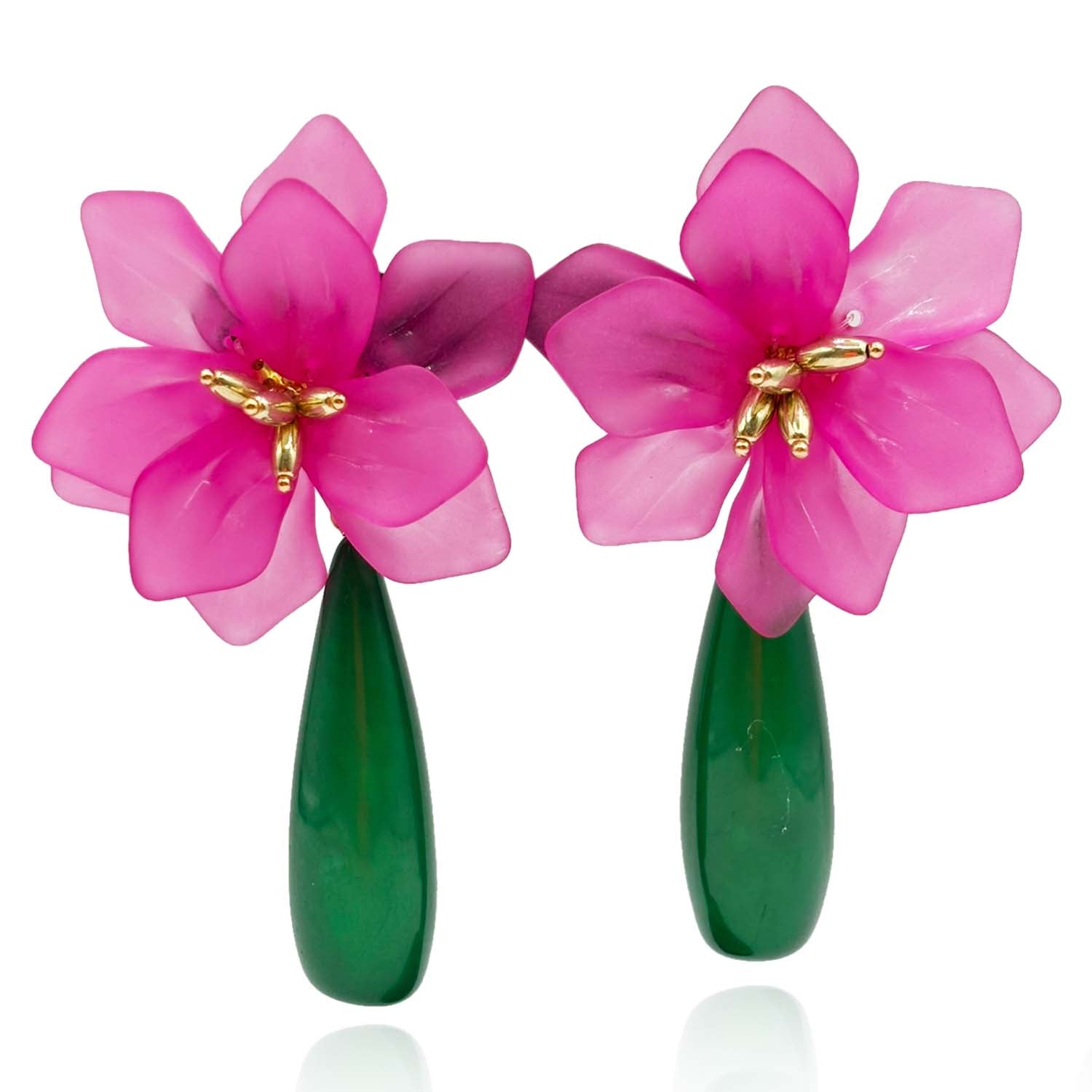 Flora Fuschia Resin Floral Clip On Earring With Green Drop