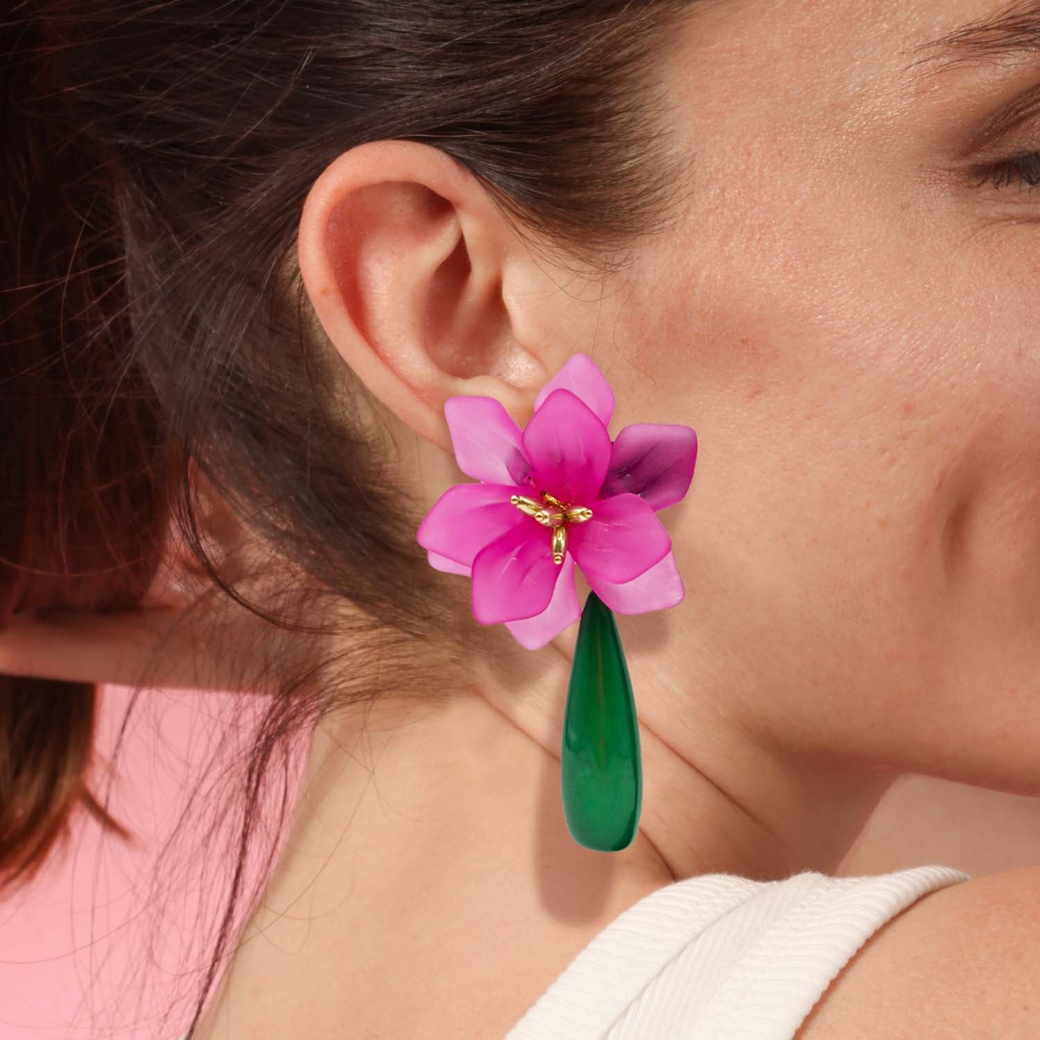 Flora Fuschia Resin Floral Clip On Earring With Green Drop