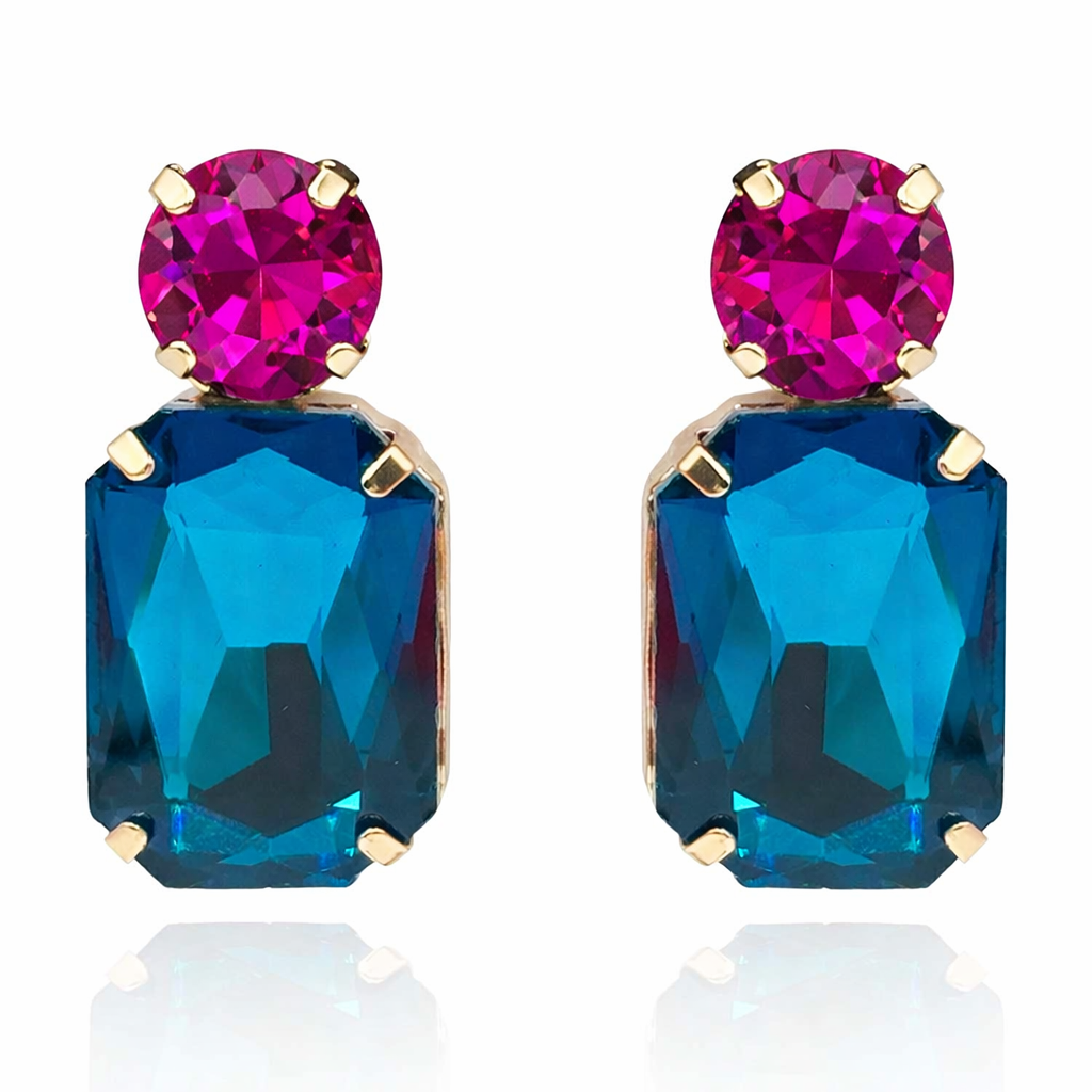 Adelle Peacock Blue Crystal Octagon And Fuschia Round Stone Drop Earrings