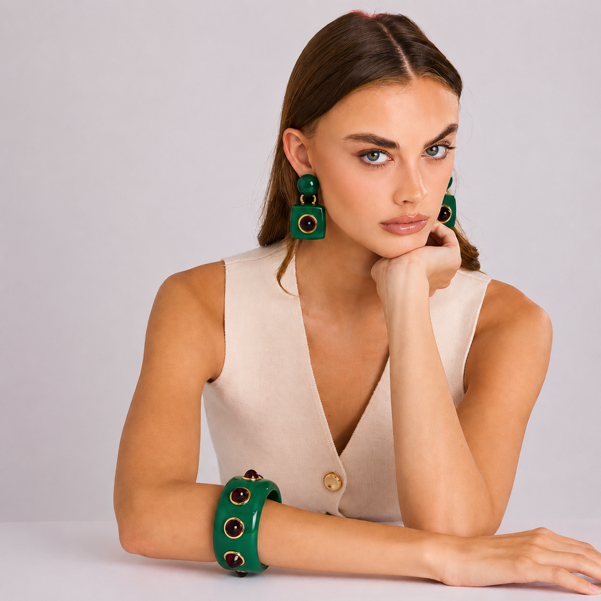 Madison Green Resin Bangle With Ruby Glass Stones