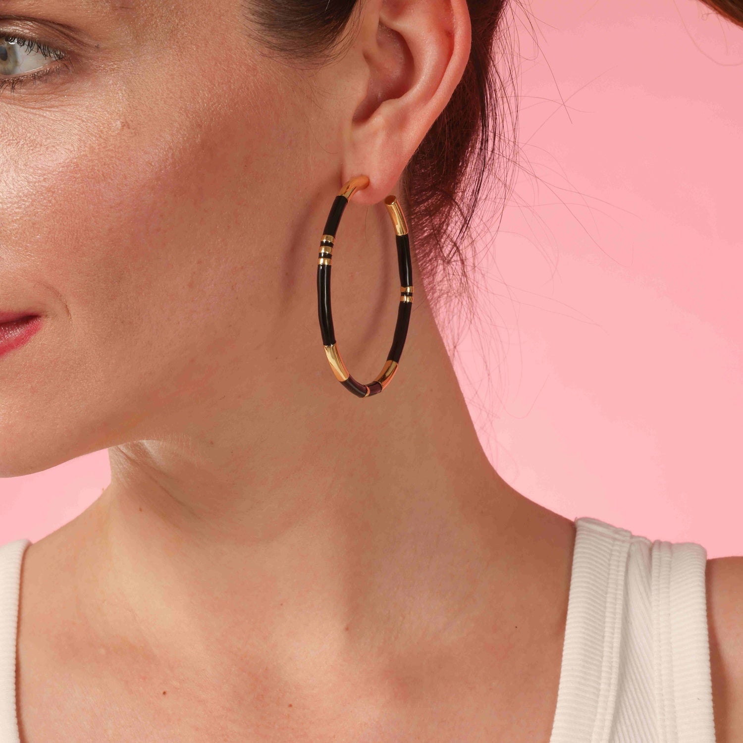 Mallory Black And Gold Stripe Hoop Eaarings