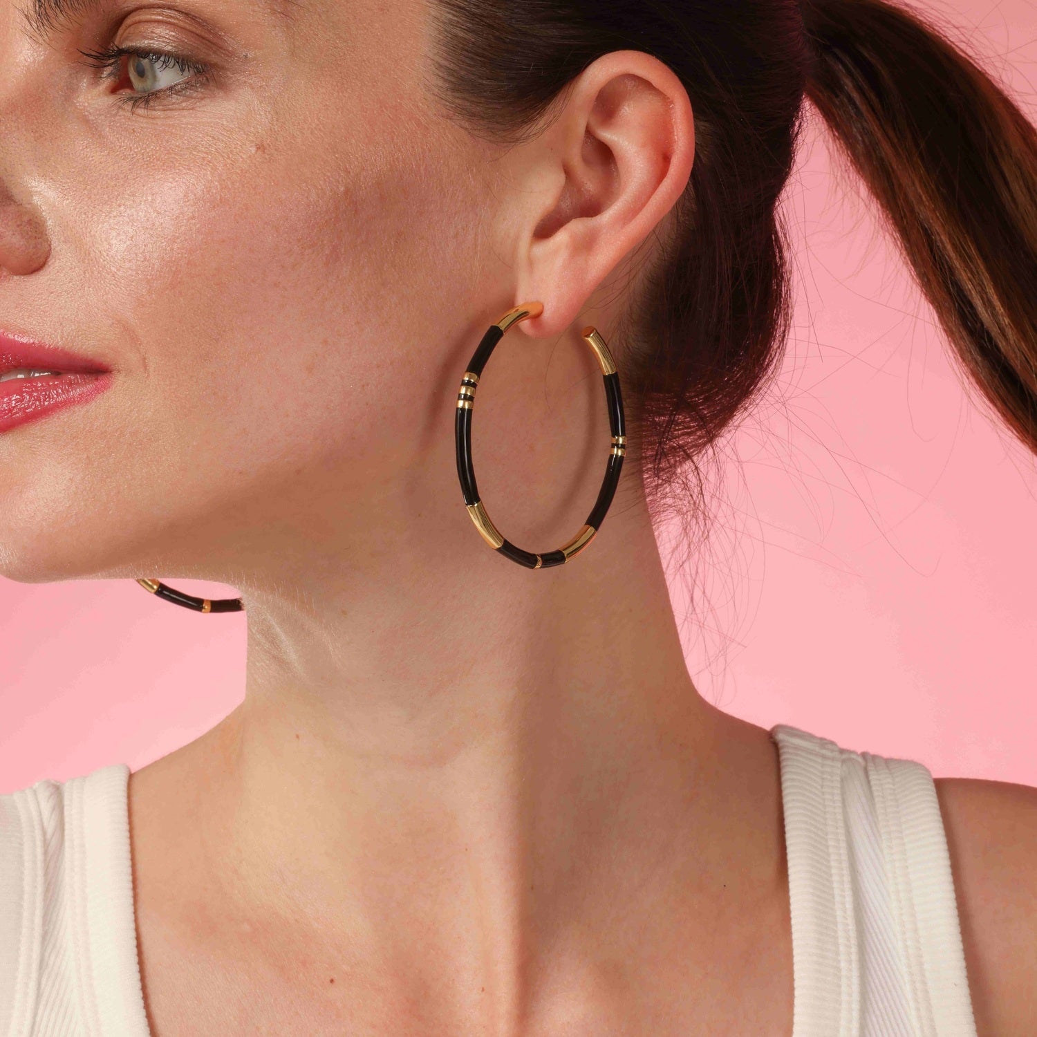 Mallory Black And Gold Stripe Hoop Eaarings
