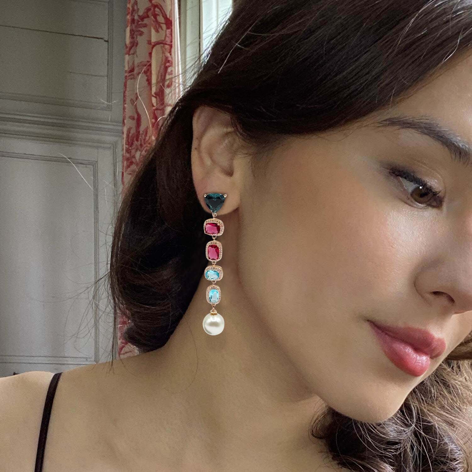 Michela Multi Color And Pearl Drop Hanging Earrings