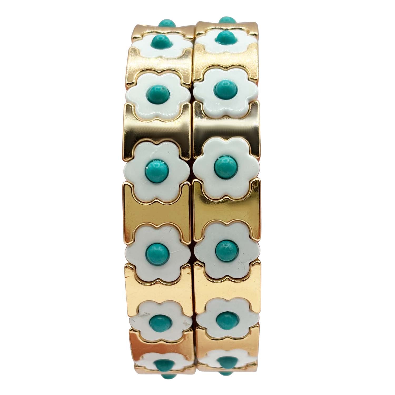 Mirella Turquoise, White, And Gold Enamel Two-Strand Elasticized Bracelets