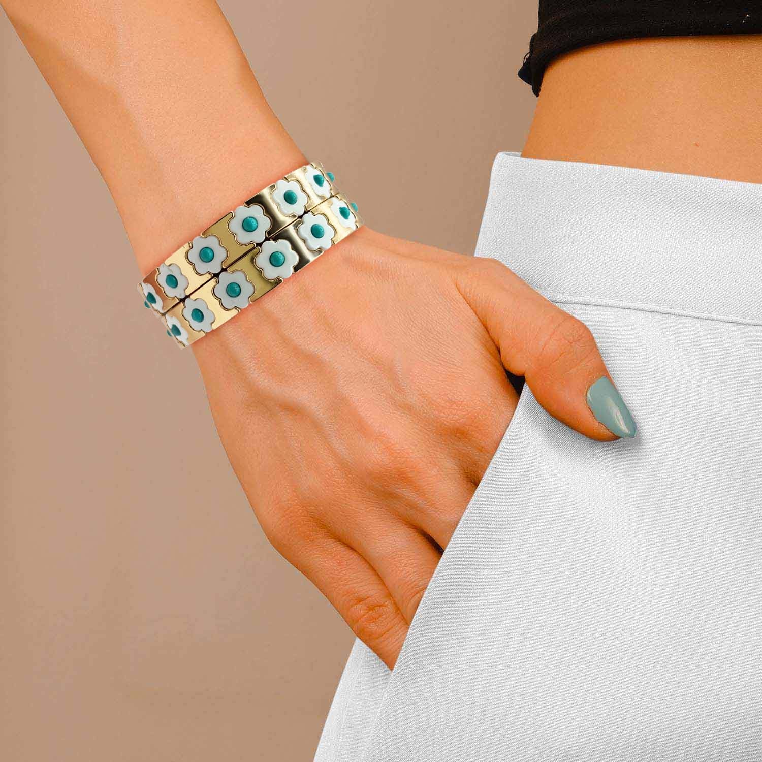 Mirella Turquoise, White, And Gold Enamel Two-Strand Elasticized Bracelets