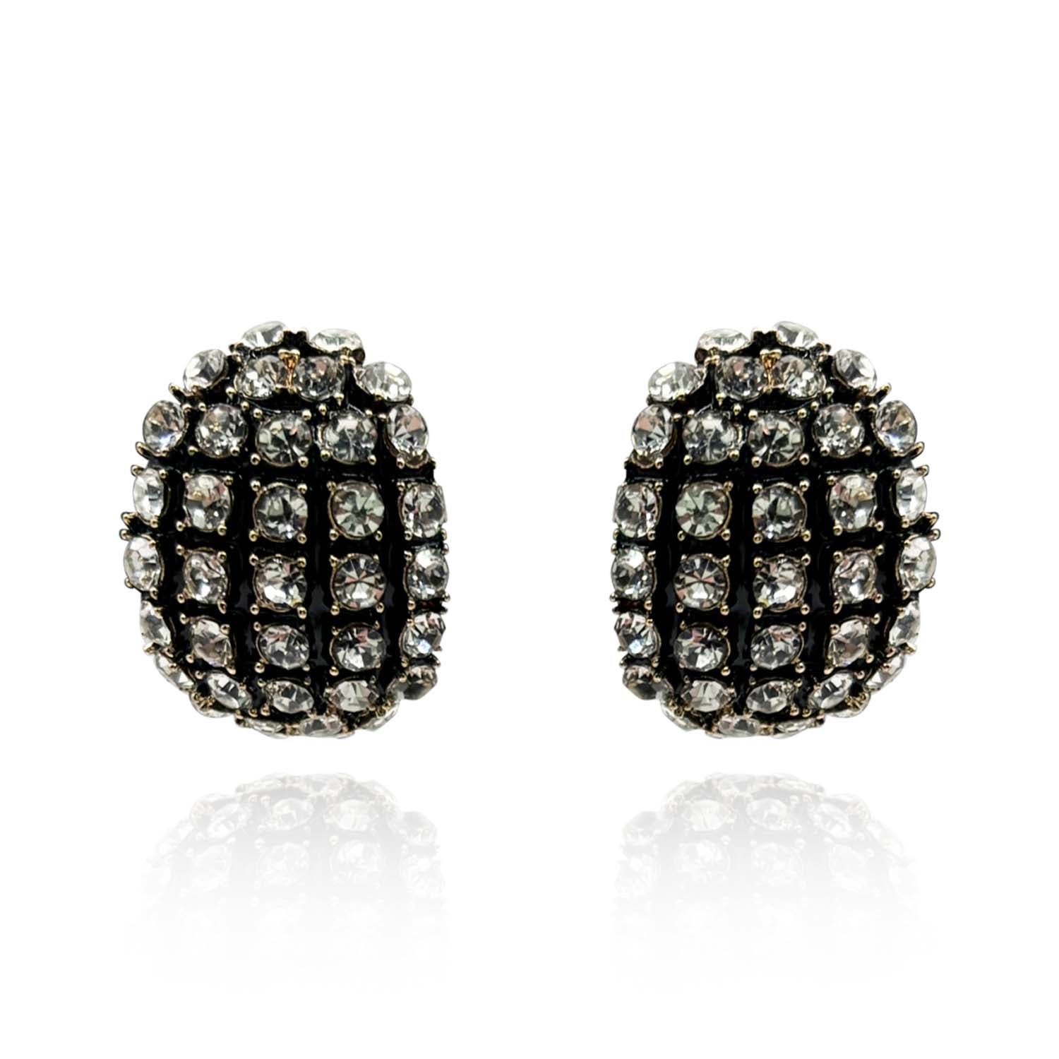Elsa Black Enamel And Crystal Scalloped Button Clip Earrings