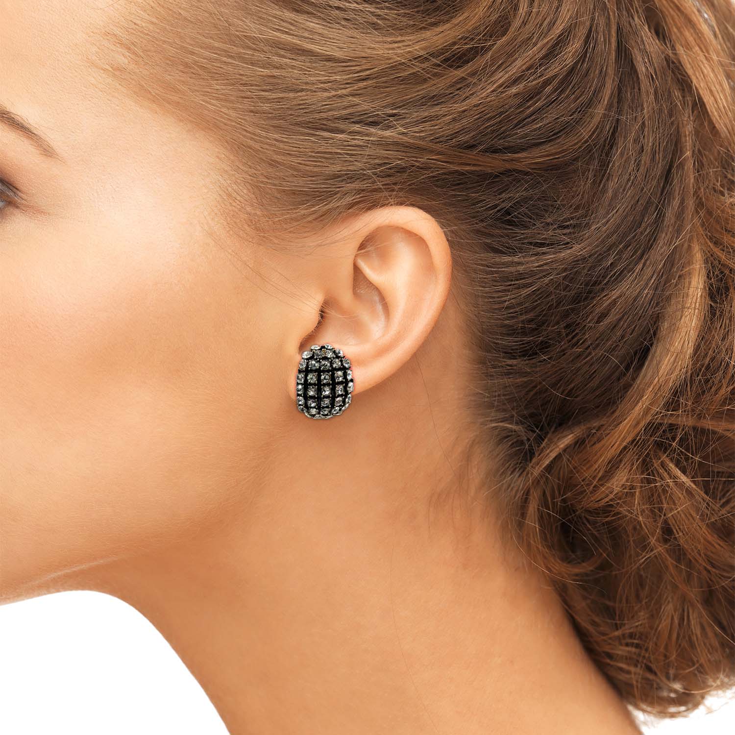 Elsa Black Enamel And Crystal Scalloped Button Clip Earrings