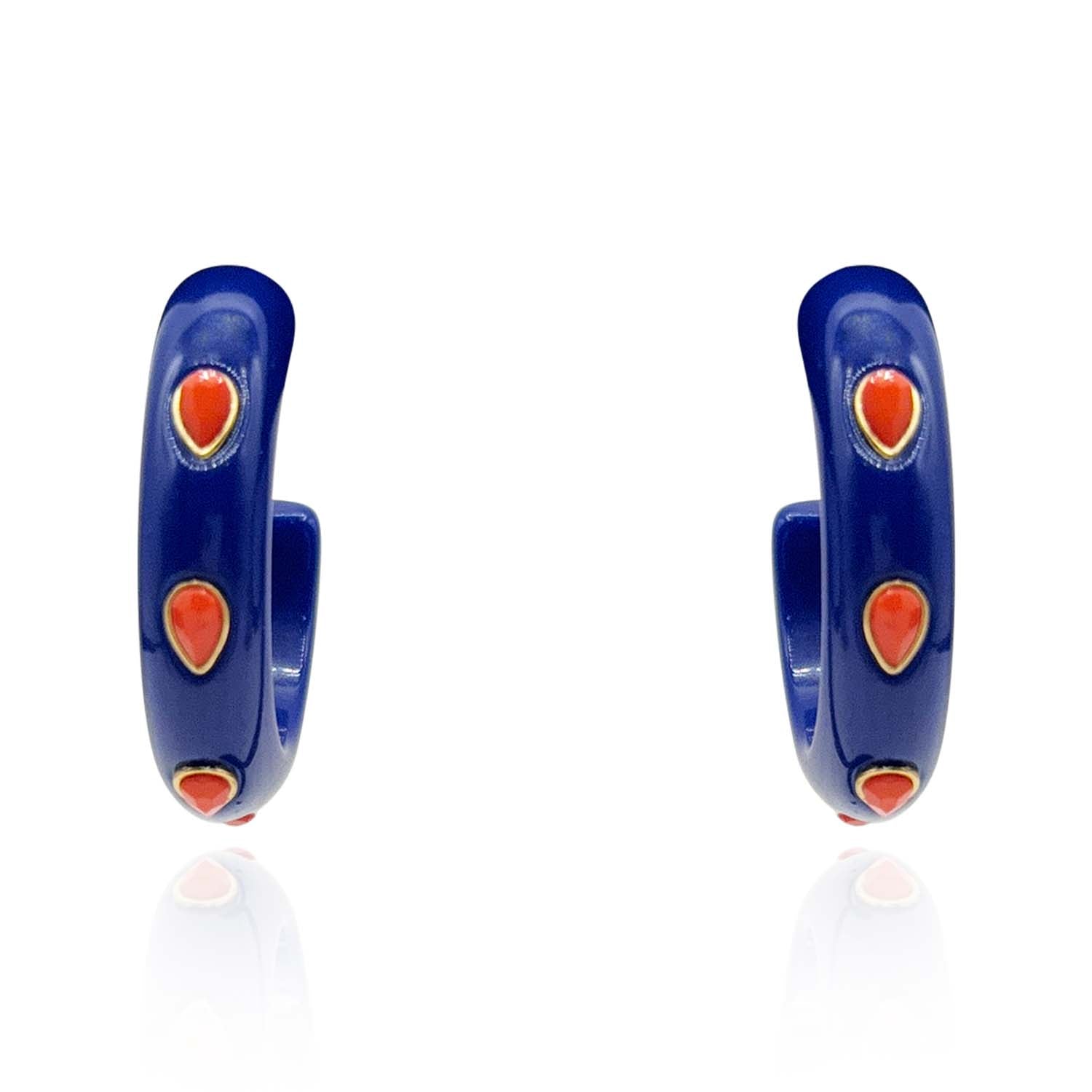 Genevieve Navy Resin Hoop Earrings With Faceted Coral Glass Pear Stones