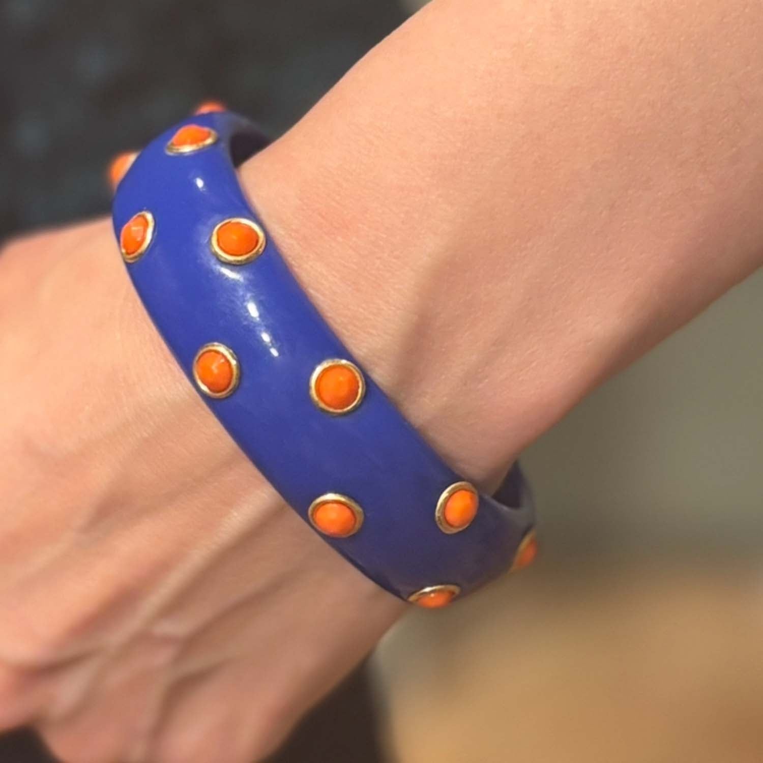 Seraphina Navy Resin Bangle With Coral Glass Stones In Gold-Plated Brass Settings