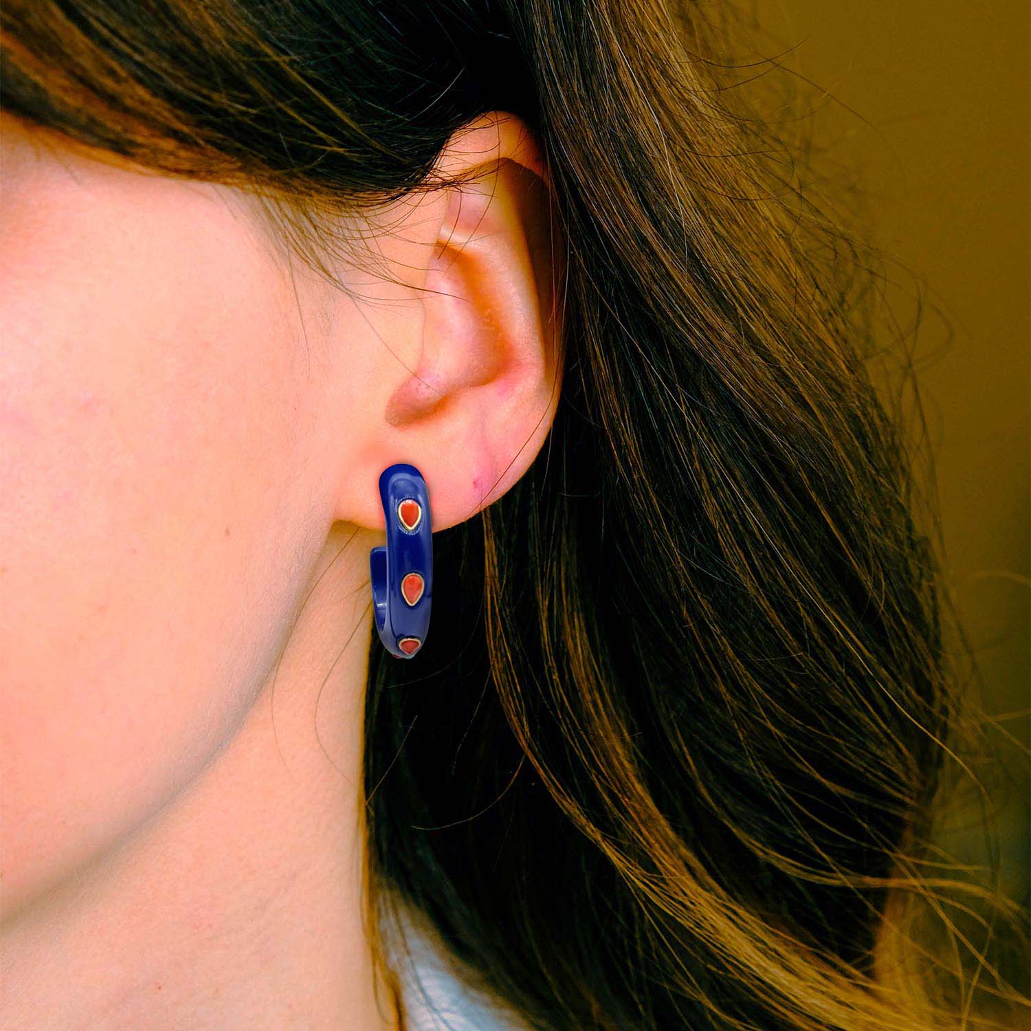 Genevieve Navy Resin Hoop Earrings With Faceted Coral Glass Pear Stones