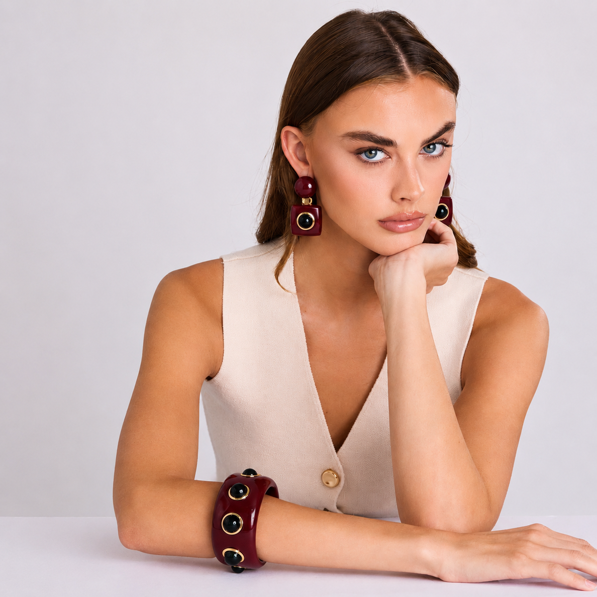 Madison Burgundy Resin Earrings With Emerald Glass Stones