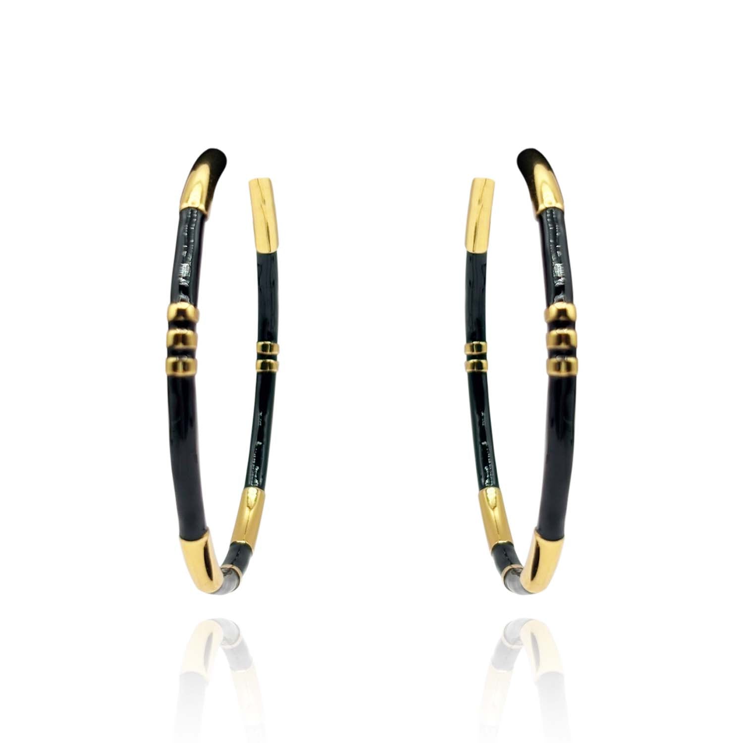Mallory Black And Gold Stripe Hoop Eaarings