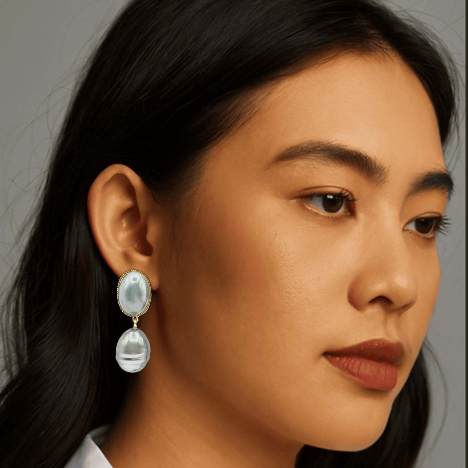 Emma Baroque Grey Glass Pearl Drop Pierced Earrings